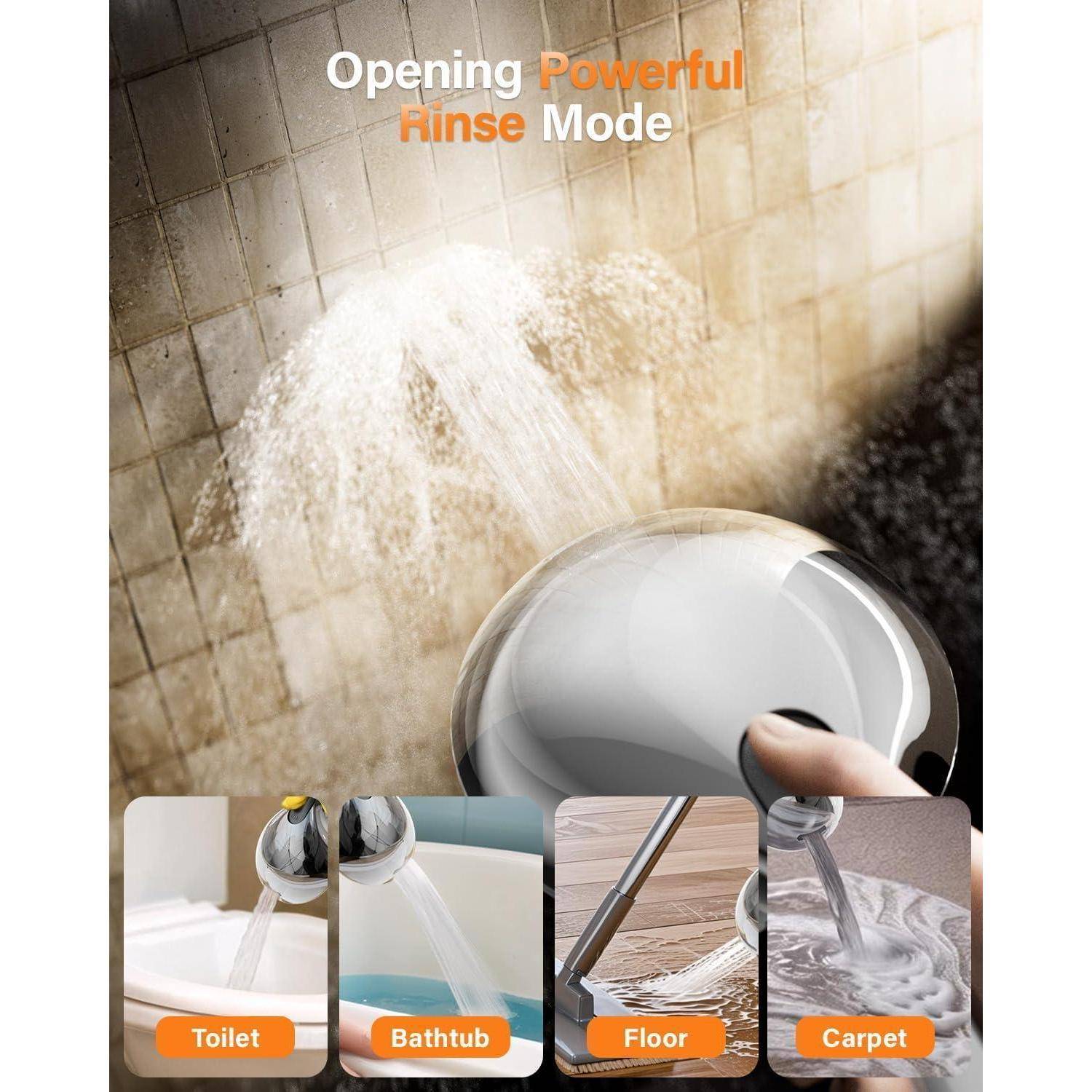 Eine verstellbare Duschbrause demonstriert ihren kraftvollen Spülmodus. Darunter zeigen Bilder ihre vielseitige Verwendung: auf Toiletten, in Badewannen, auf Böden und Teppichen.
