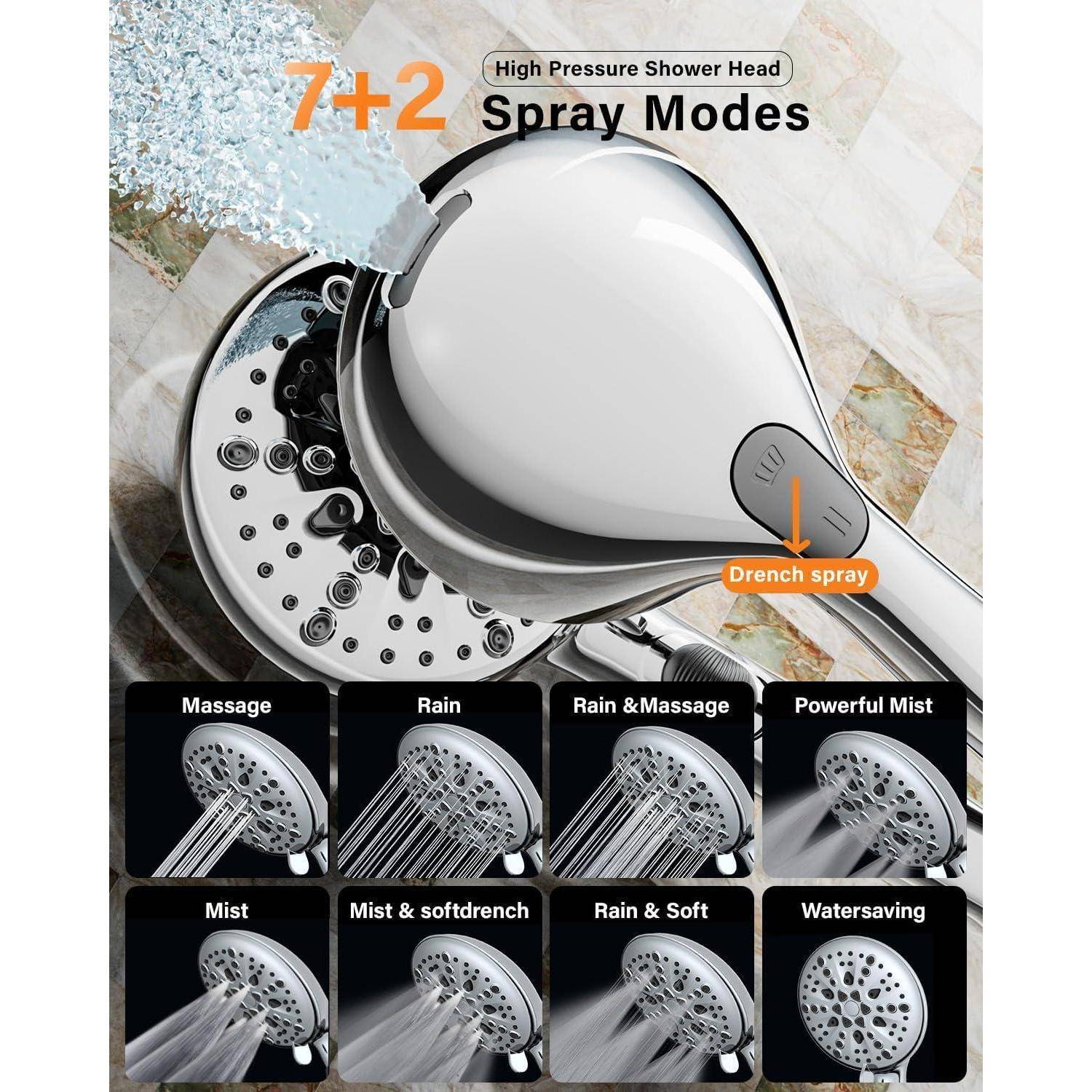 Ein Duschkopf mit '7+2 Duschkopf mit Hochdruck-Spraymodi' mit folgenden Modus-Anzeigen: Massage, Regen, Regen & Massage, Kraftvoller Nebel, Nebel & Sanft-Dusche, Regen & Sanft, Wassersparend und Durchflutungs-Spray.