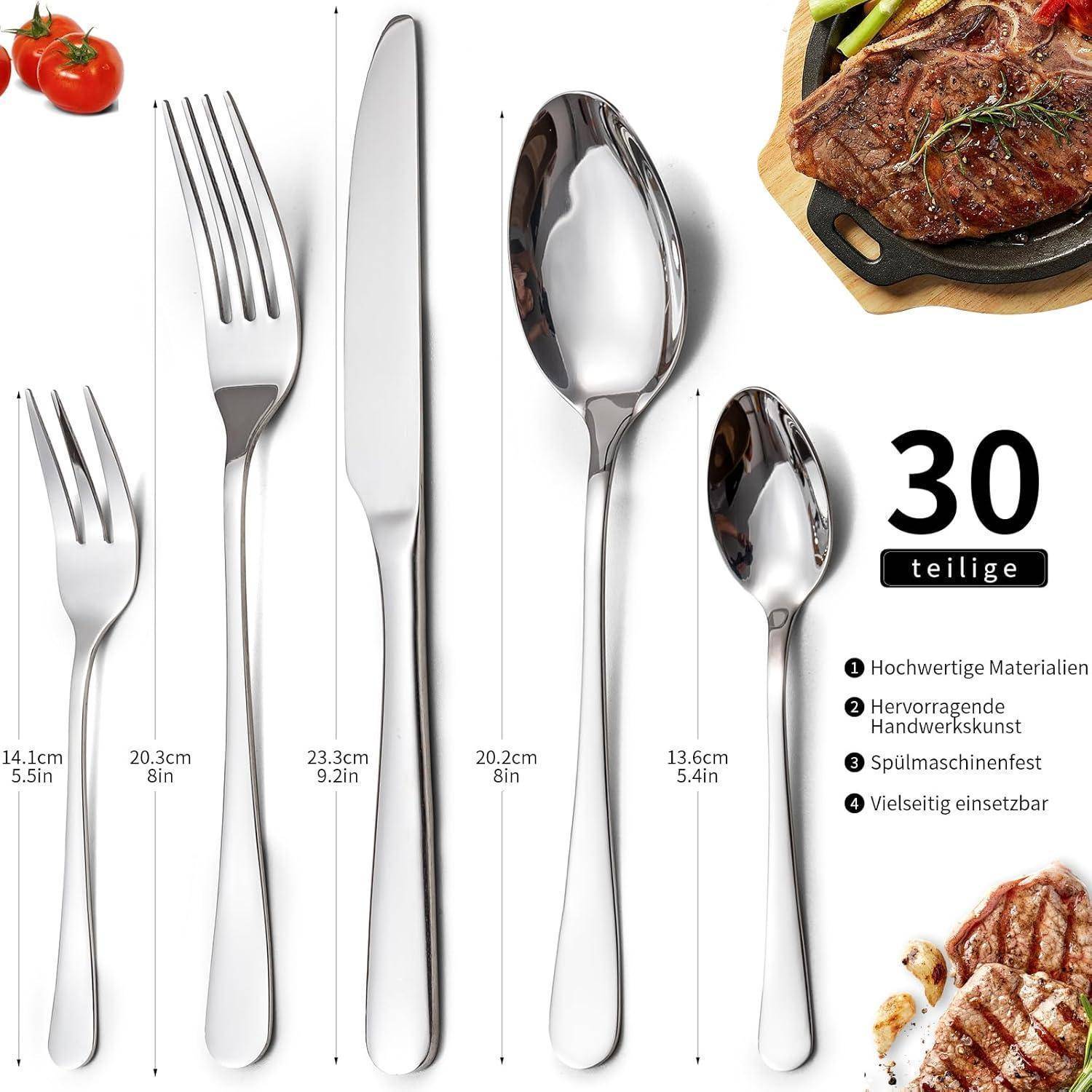 Ein Set Besteck aus Edelstahl, bestehend aus einer Gabel, einem Messer, einem Esslöffel und einem Teelöffel mit aufgeführten Abmessungen. Ein Bild eines Steaks auf einer heißen Platte wird gezeigt, mit deutschem Text, der hochwertige Materialien hervorhebt.