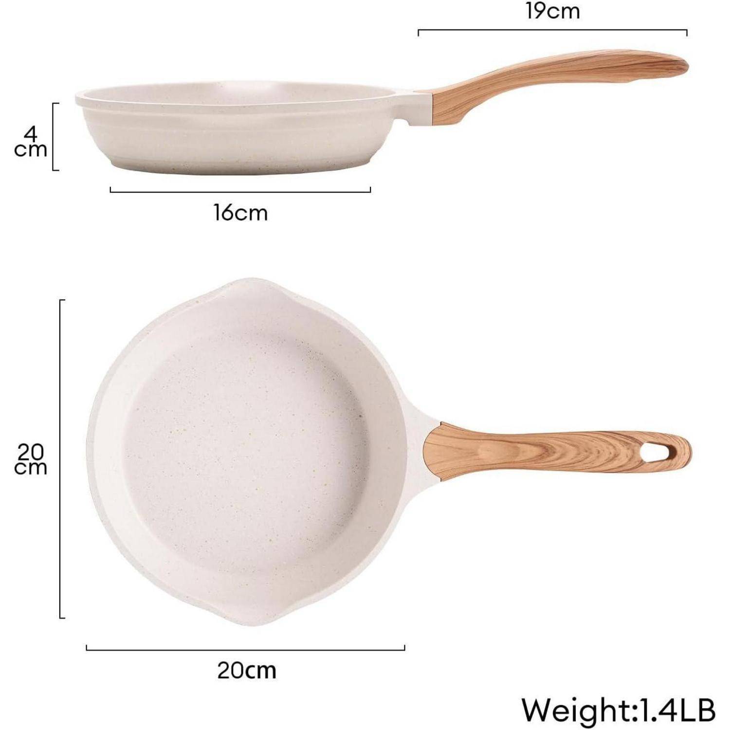 Weiße Pfanne mit einem Holzgriff. Draufsicht: 20 cm Durchmesser; Seitenansicht: 16 cm Bodenbreite, 4 cm Höhe. Gewicht: 1,4 Pfund.