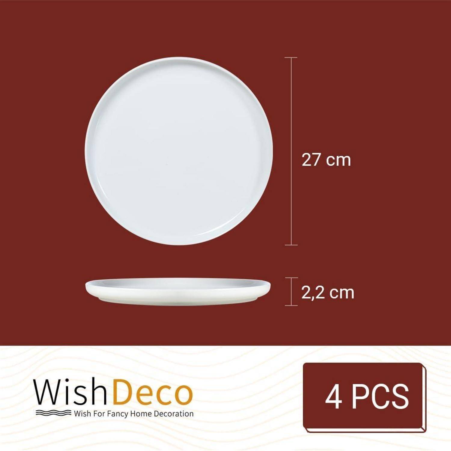 Viererset weiße Teller, jeder 27 cm im Durchmesser, 2,2 cm hoch. Text ‚WishDeco' und ‚4 PCS' unter den Bildern angezeigt.
