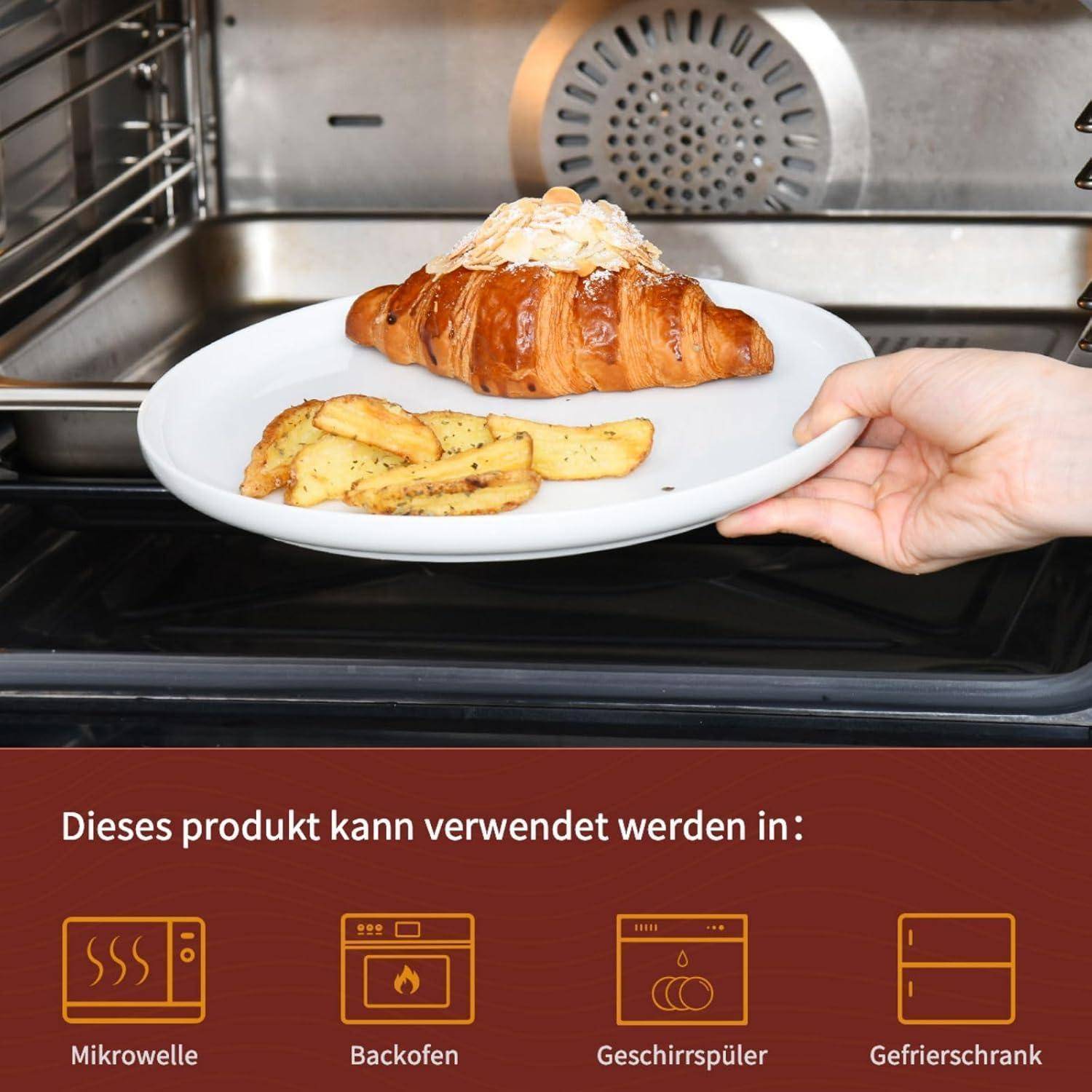 Eine Hand legt einen Croissant mit Kartoffelecken auf einen Teller und schiebt ihn in einen Ofen. Unten zeigen Symbole geeignete Geräte: Mikrowelle, Ofen, Geschirrspüler, Gefrierschrank.