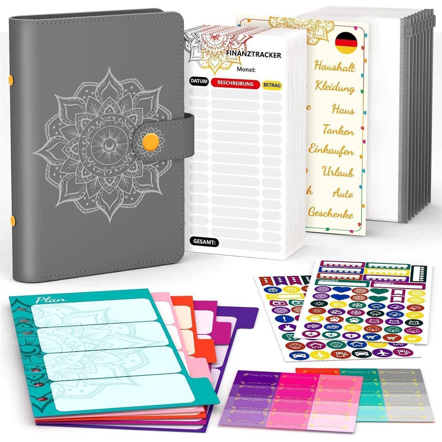 Ein Planer-Set enthält eine graue Ringmappe, Finanzübersichtsblätter, Budgetlisten und bunte Sticker zum Organisieren von Ausgaben und Terminen.