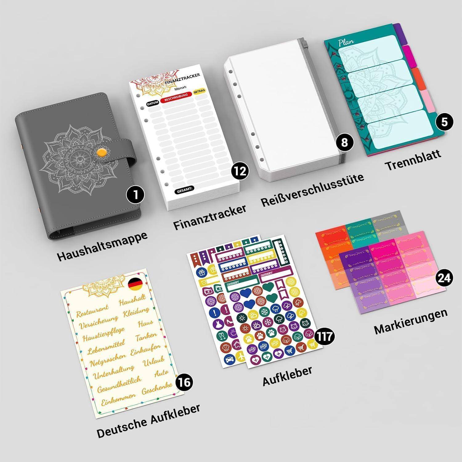 Eine Auswahl an Schreibwaren, einschließlich eines Ordners, eines Finanz-Trackers, einer Reißverschlusstasche, eines Registers, deutscher Sticker, bunter Etiketten und Aufklebern mit Zahlen und Symbolen.