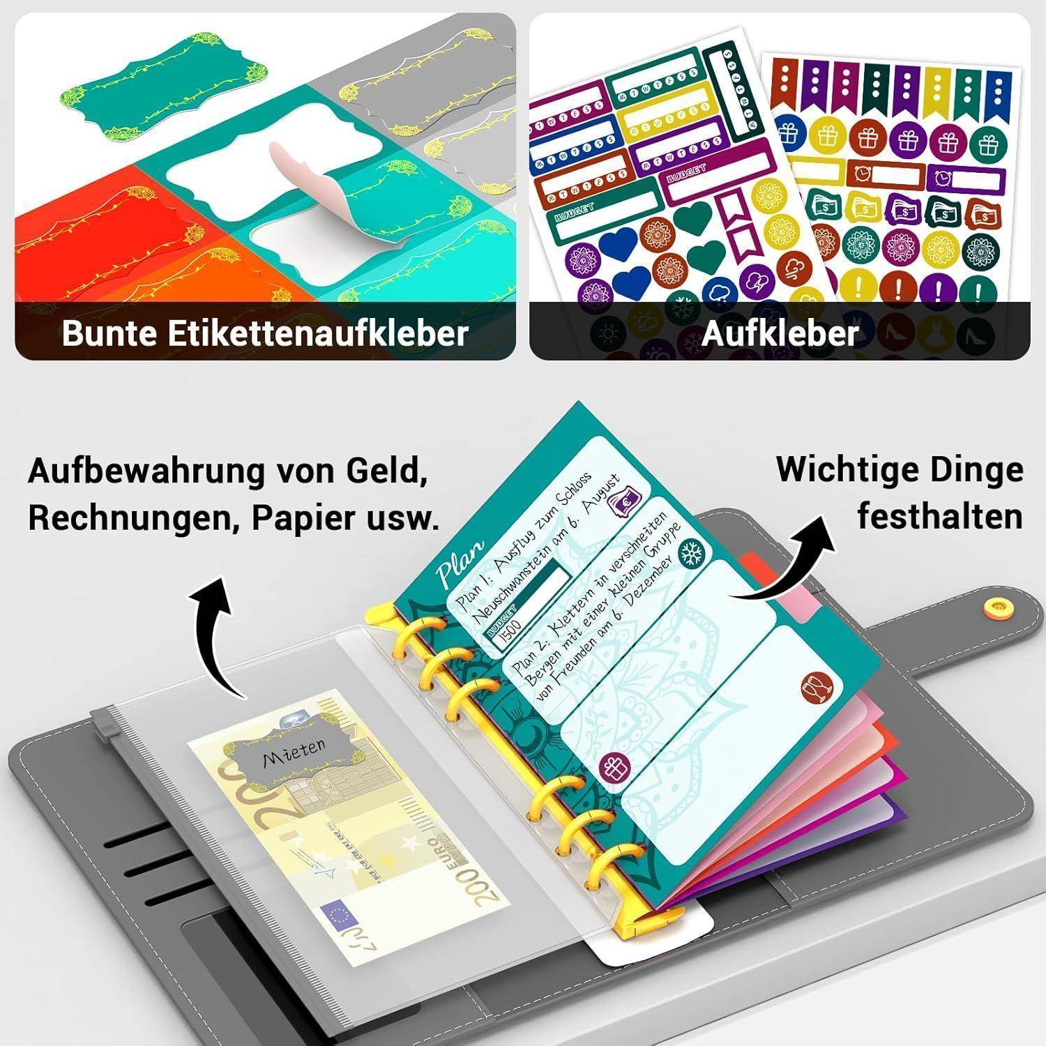 Aus verschiedenen Aufklebern' bietet farbenfrohe Etiketten, Organizer, Briefumschläge zum Aufbewahren von Geld, Rechnungen und zur Sicherung wichtiger Dokumente.