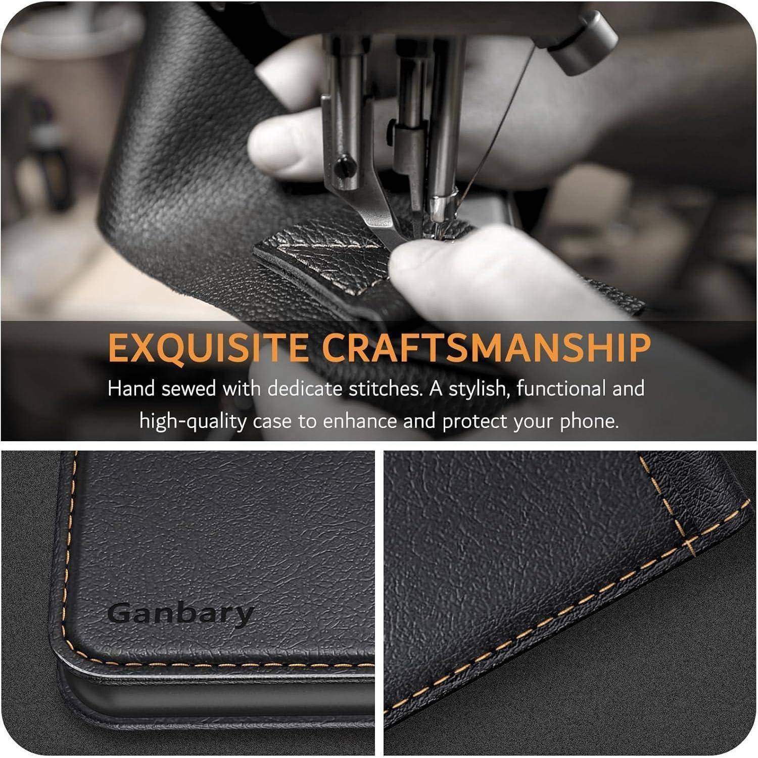 Ein Handwerker näht eine Handyhülle mit detaillierten Stichen. Text lautet: „Exquisite Handwerkskunst. Handgenäht mit feinen Stichen.