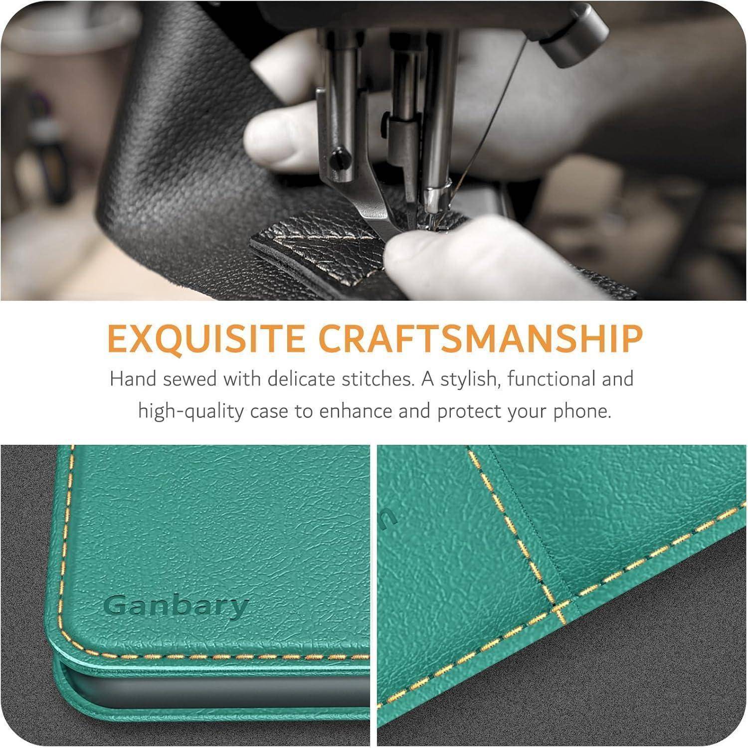 Nähmaschine, die Leder mit Präzision näht. Text: Exquisites Handwerk. Von Hand genäht mit zarten Stichen. Stilvolle, funktionale Handyhülle.