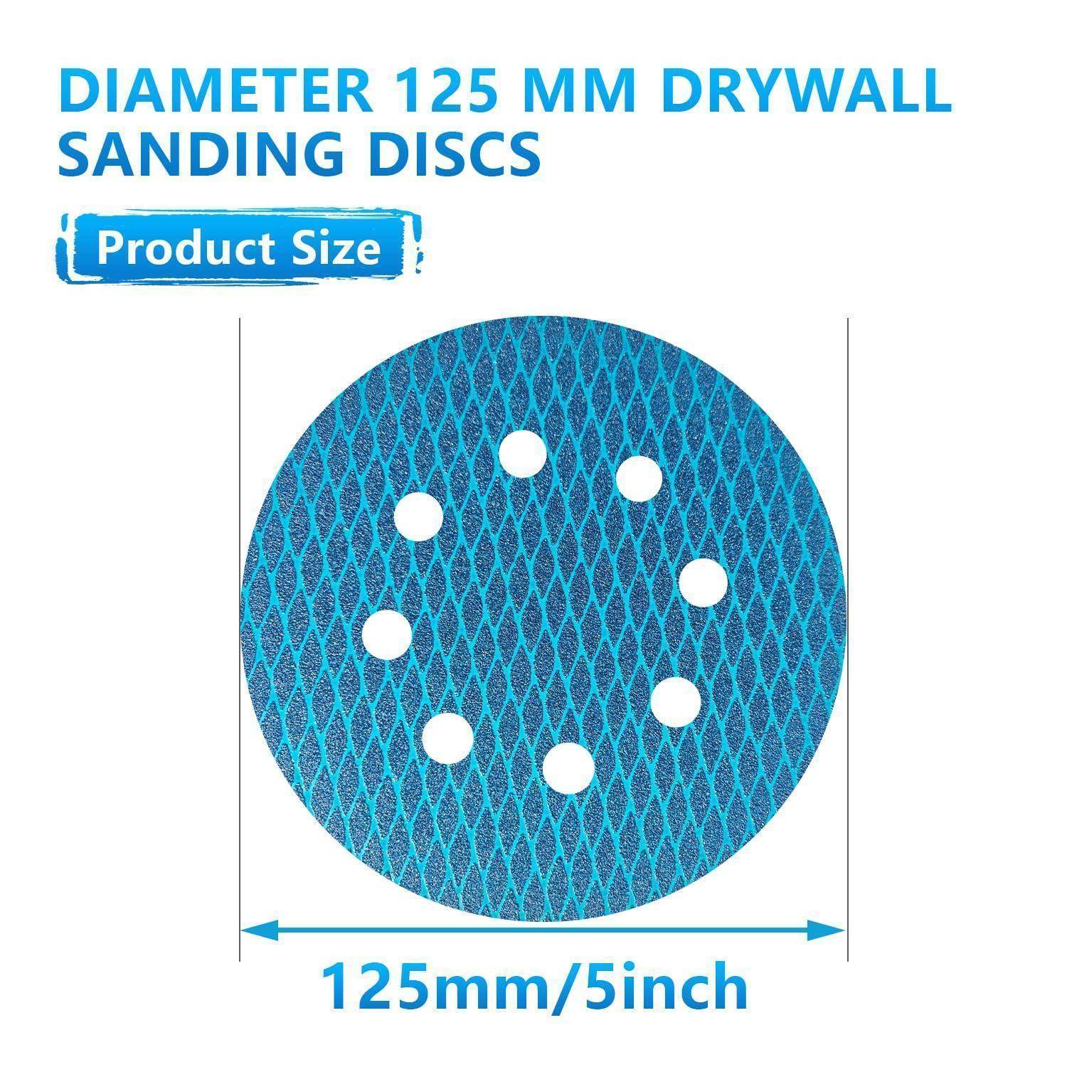 Durchmesser 125 mm Gipskarton-Schleifscheiben. Blaue Schleifscheibe mit acht Löchern, beschriftet mit 
