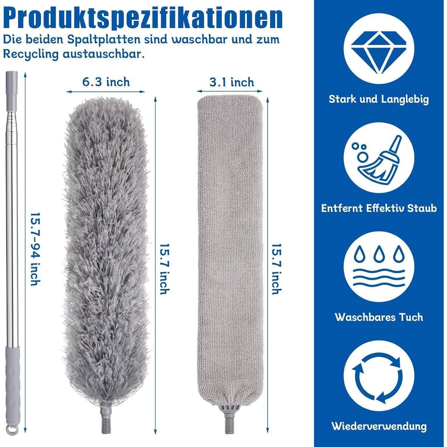 Staubwedel-Spezifikationen: Griff ausziehbar von 15,7-94 Zoll, Staubwedel-Kopf 6,3 Zoll breit, Tuch 3,1 Zoll. Eigenschaften: strapazierfähig, waschbar, effektive Staubbentfernung, wiederverwendbar.