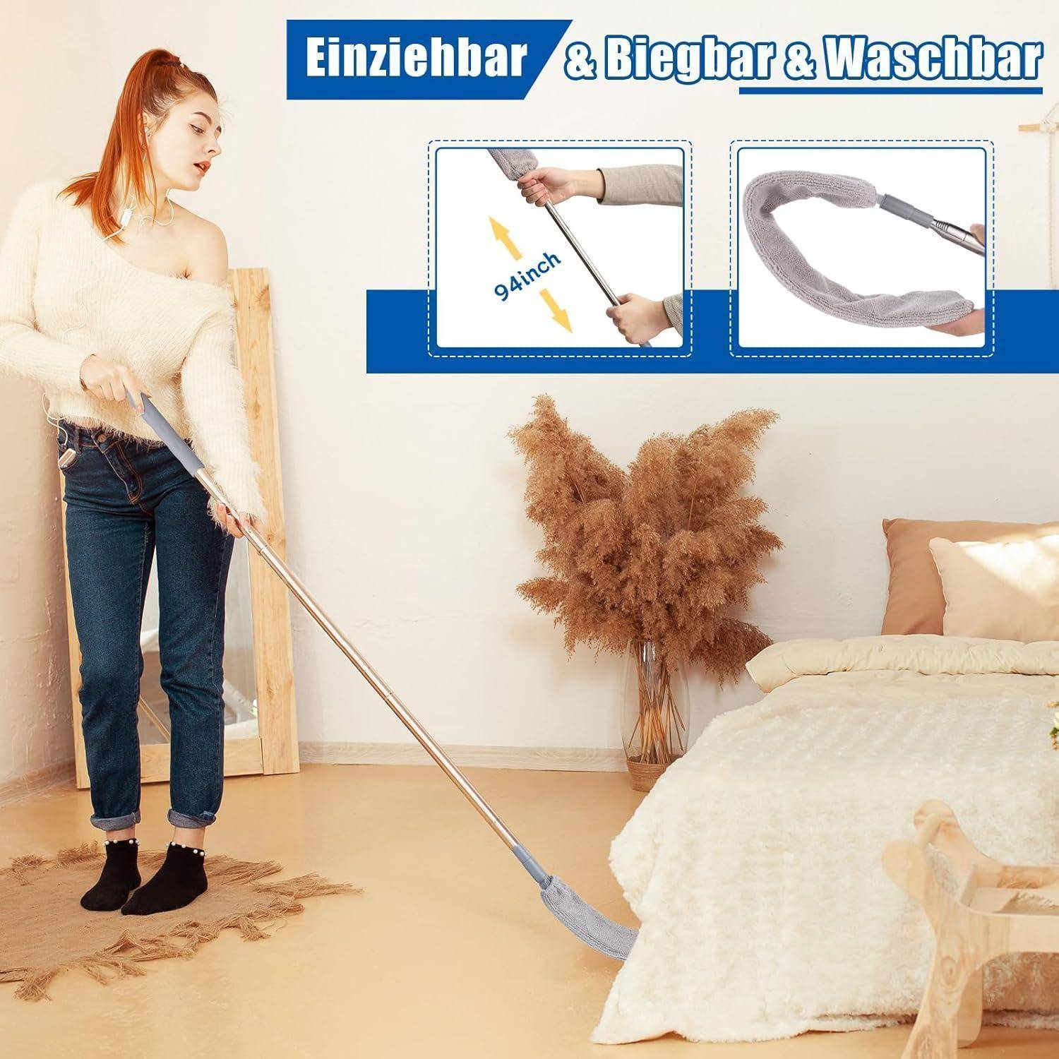 Eine Person wischt einen Boden mit einem blauen Wischmopp neben einem beigen Sofa und einer Pflanze. Der Text hebt hervor: 'Einziehbar & Biegbar & Waschbar'.