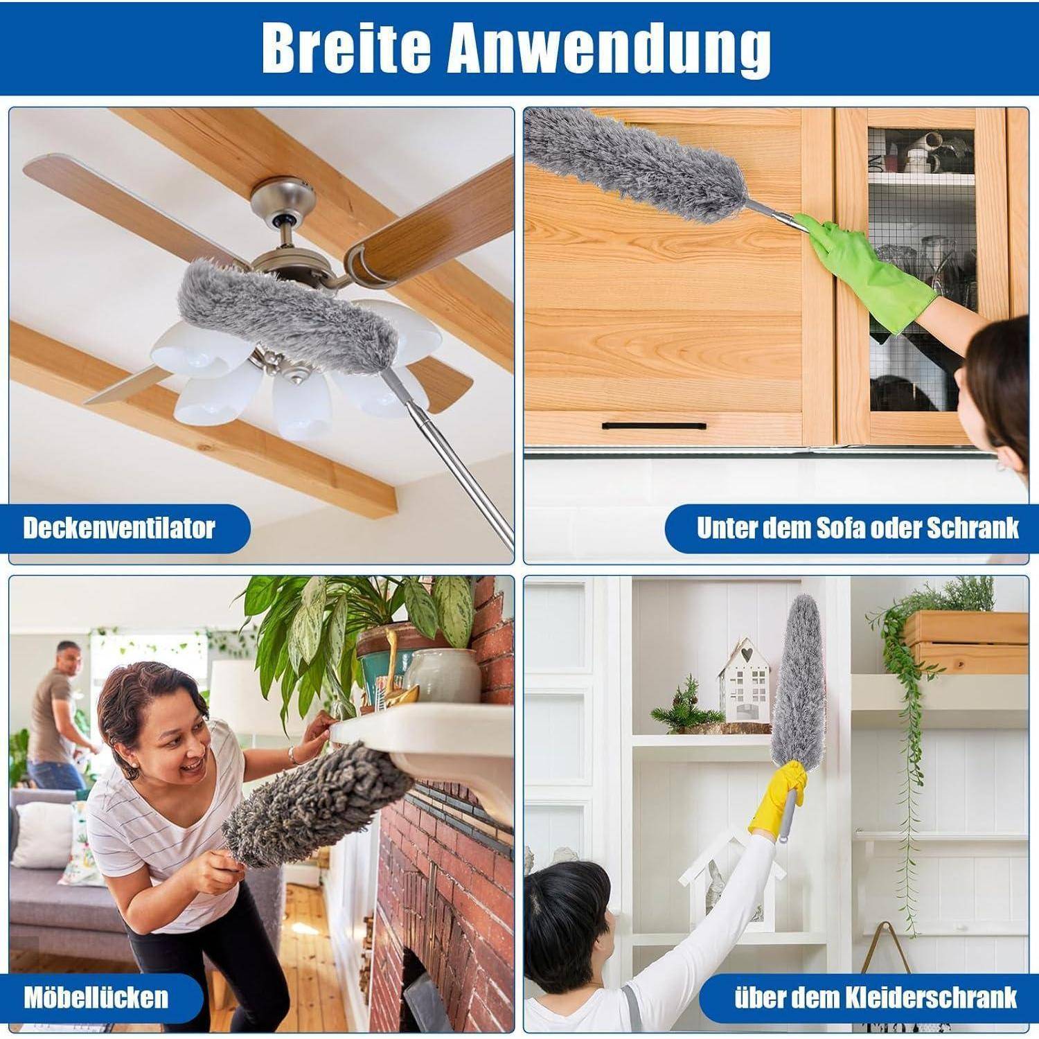 Eine Person reinigt einen Deckenventilator mit einem ausziehbaren Staubwedel, eine andere staubt unter Möbeln ab, eine Frau staubt ein Regal, und eine weitere reinigt über einem Kleiderschrank.