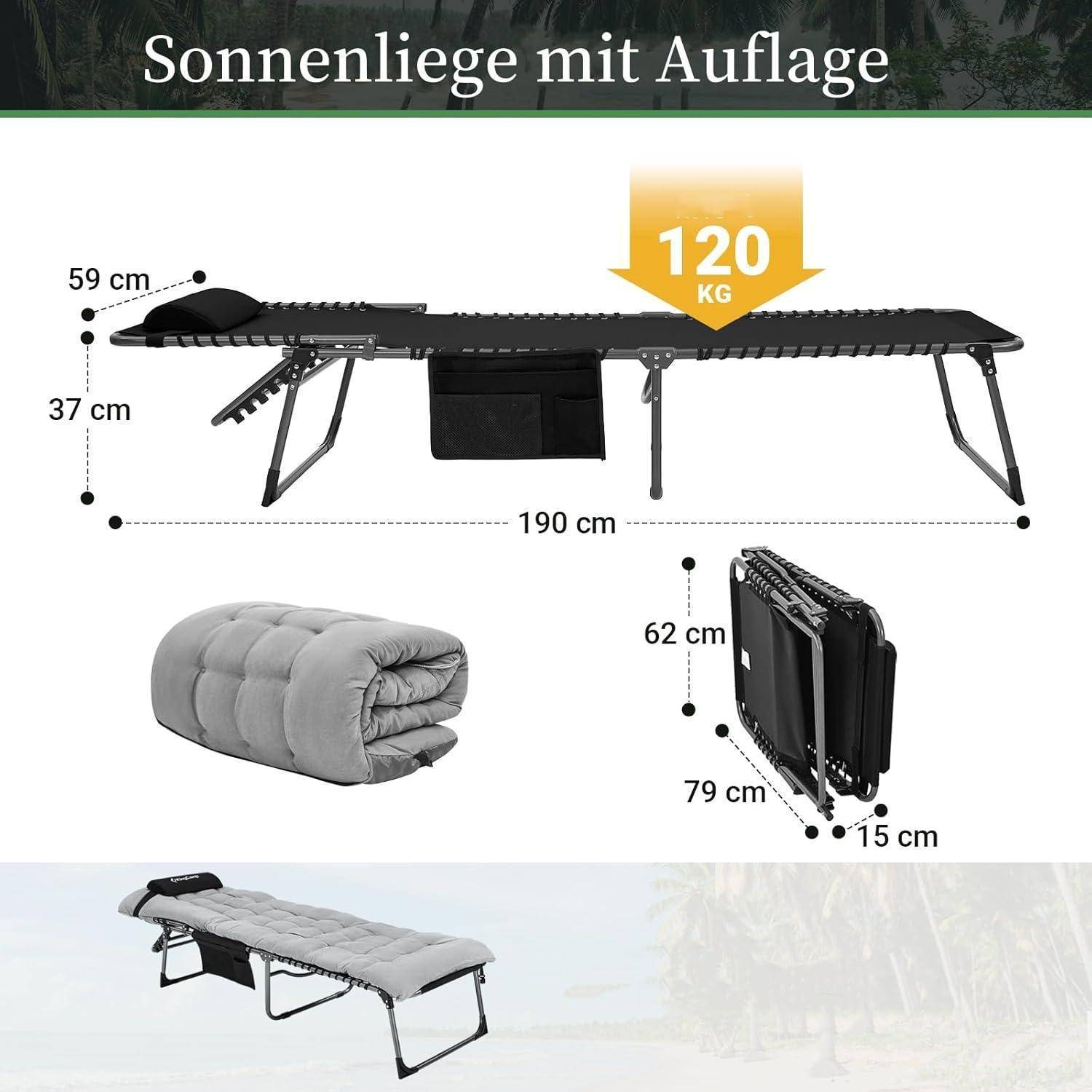 Outdoor-Liege mit Kissen, misst 190 cm Länge, 59 cm Höhe und 37 cm Breite. Unterstützt bis zu 120 kg. Enthält Ansicht im zusammengeklappten Zustand und Maße für die Aufbewahrung.