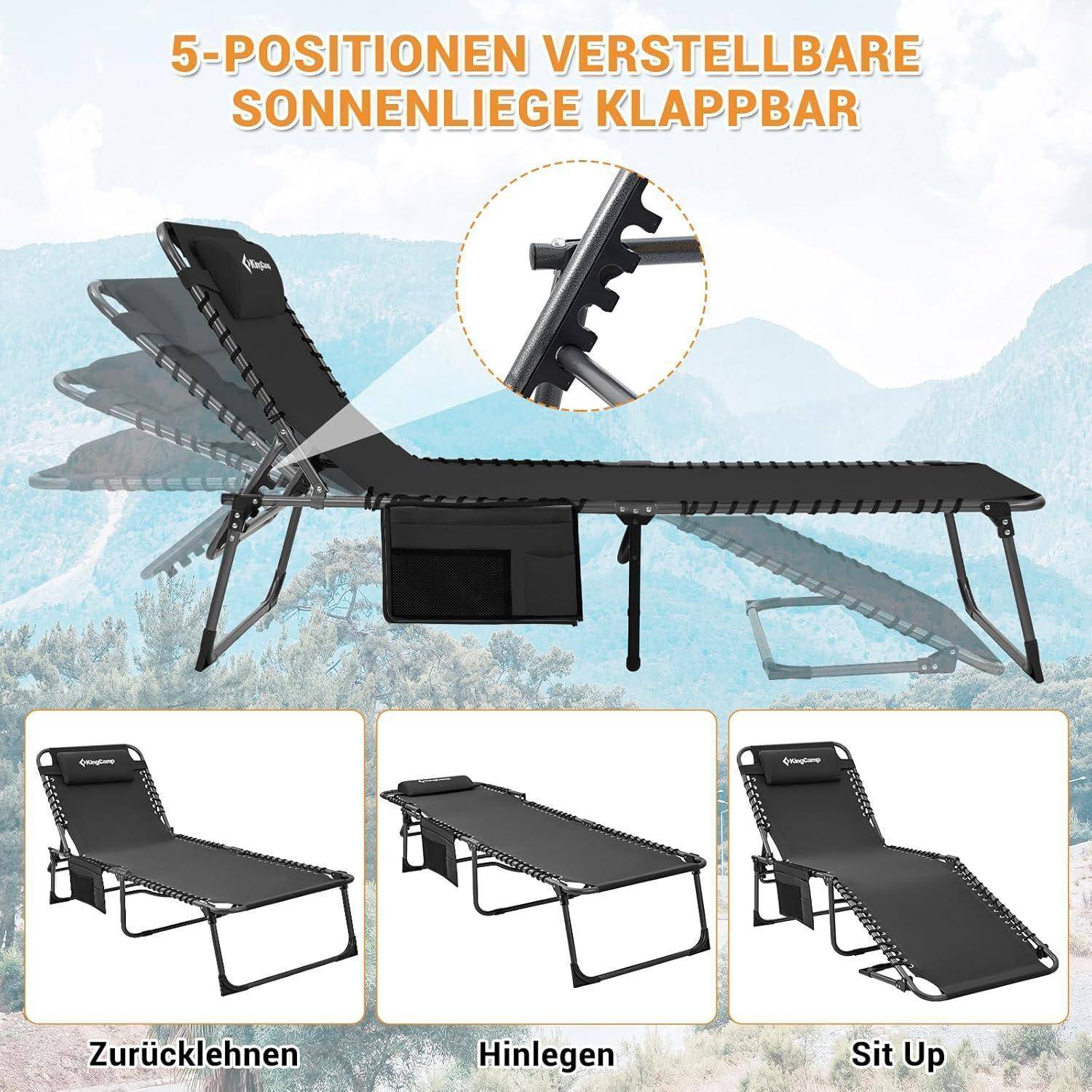 Verstellbare klappbare Sonnenliege mit 5 Positionen, dargestellt vor Berglandschaft. Umfasst Positionen zum Zurücklehnen, Flachliegen und Aufsitzen.
