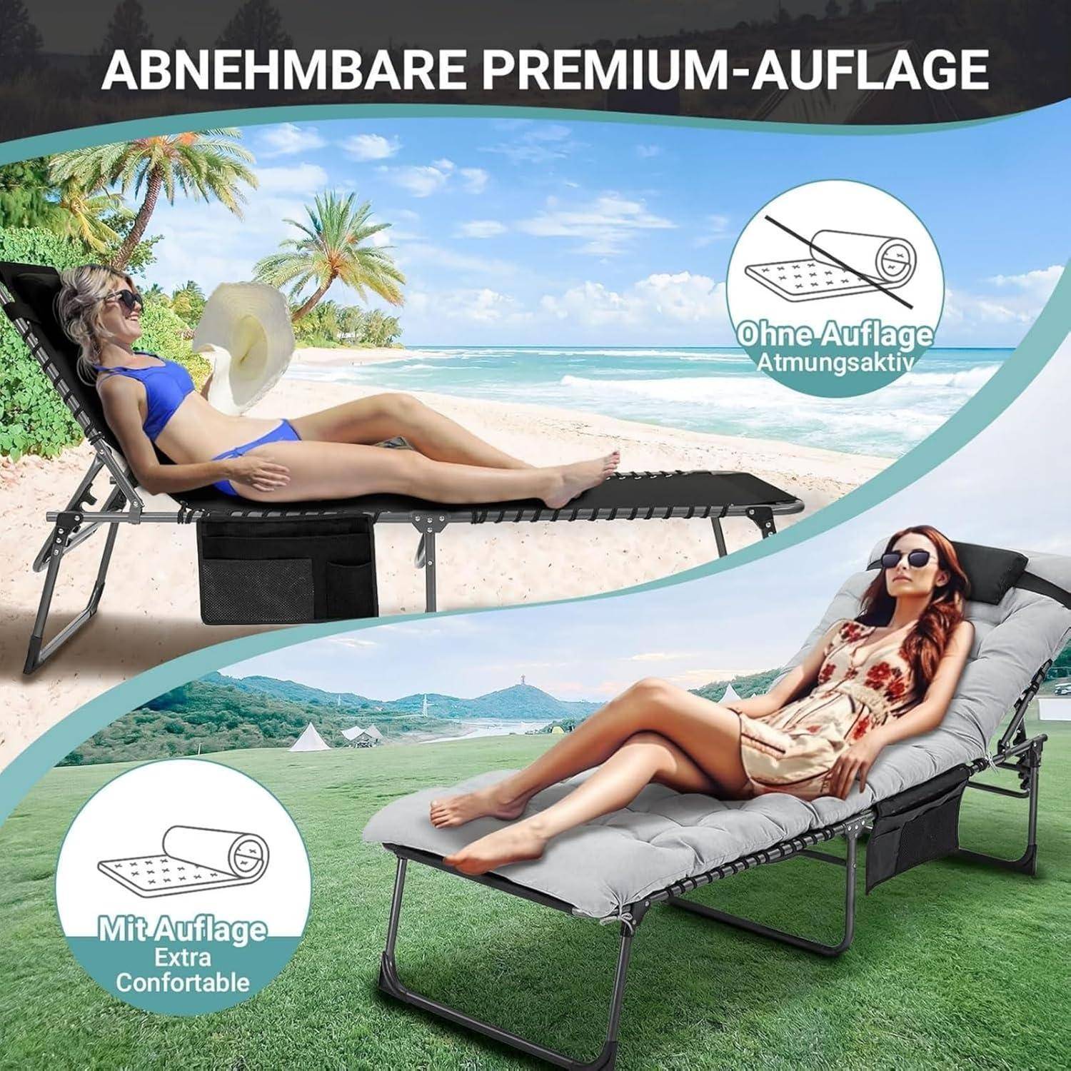 Eine Frau sonnt sich auf einem Liegestuhl mit und ohne ein Premium-Kissen. Der Text auf Deutsch betont die Komfort- und Atmungsaktiven Eigenschaften.