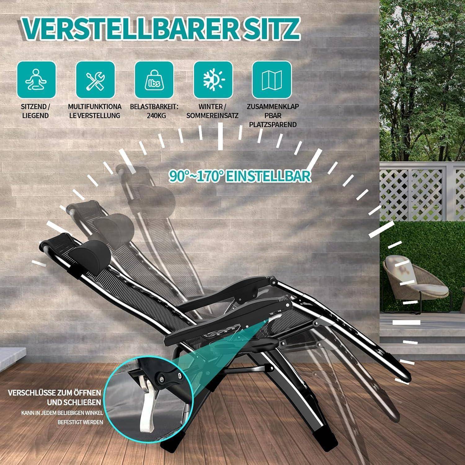 Ein Liegestuhl mit verstellbaren Winkeln von 90° bis 170°, hervorgehoben durch Text. Zu den Funktionen gehören Mehrfachpositionseinstellungen und Faltbarkeit.