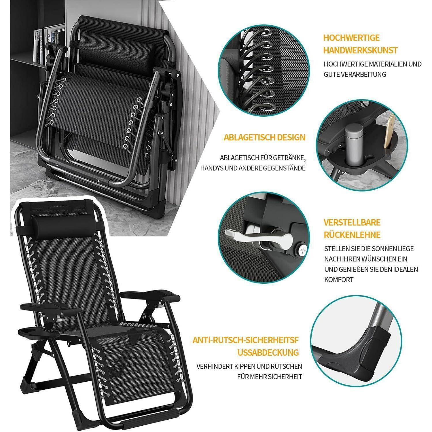 Klappbarer schwarzer Loungestuhl mit ergonomischem Design, verstellbarer Rückenlehne und Sicherheitsmerkmalen. Hervorgehoben werden hochwertige Materialien und Komfort.