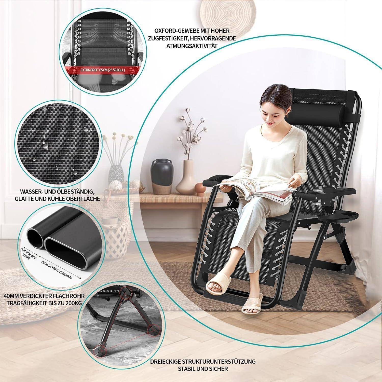 Eine Frau sitzt in einem Liegestuhl drinnen und liest ein Buch. Einblendungen heben den hochfesten Stoff des Stuhls, seine Stabilität und robuste Konstruktion hervor.