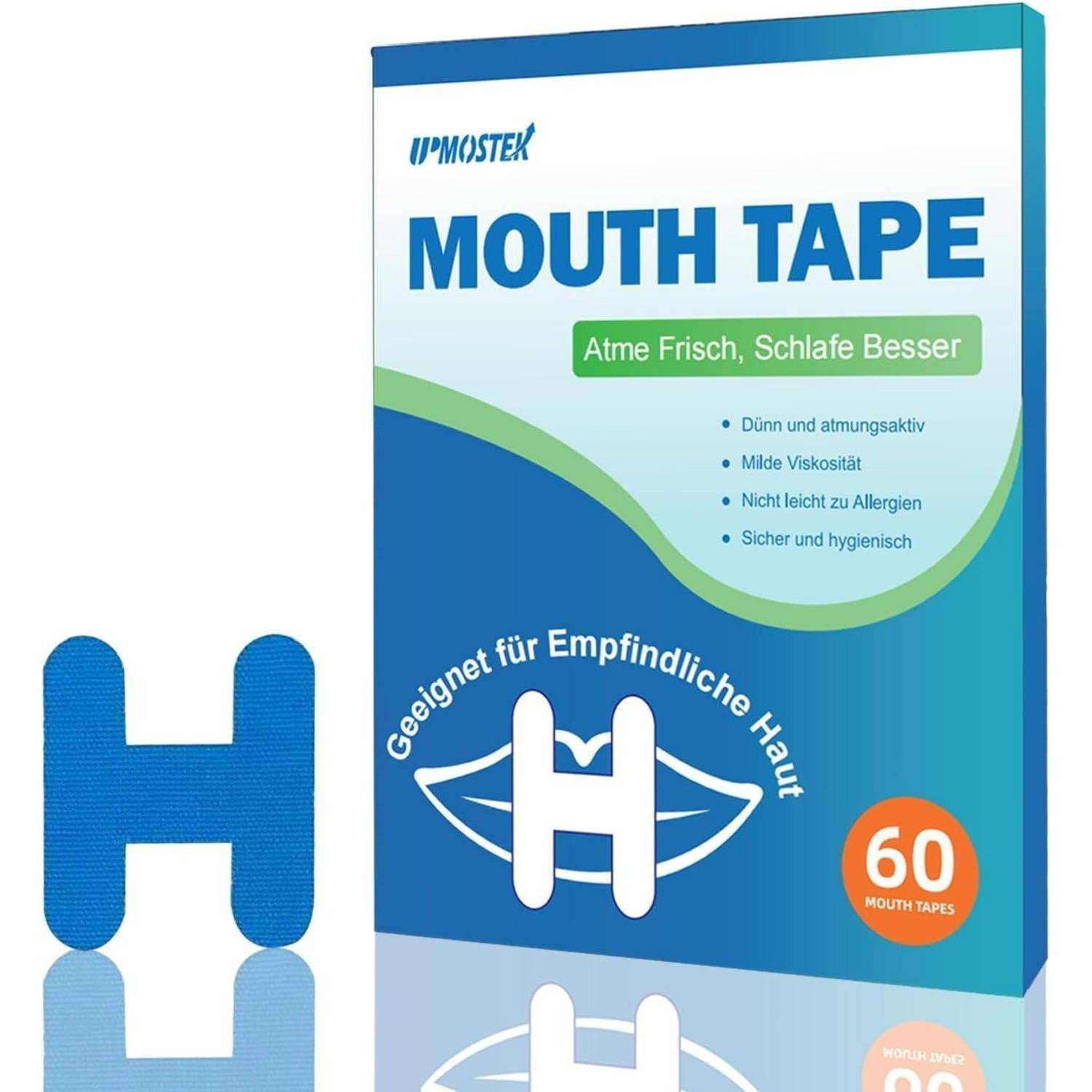 Schachtel mit 'Mund-Tape' zur Verbesserung des Schlafes, enthält 60 Tapes. Behauptungen: frischer Atem, hypoallergen, milde Viskosität, sanft zur Haut.