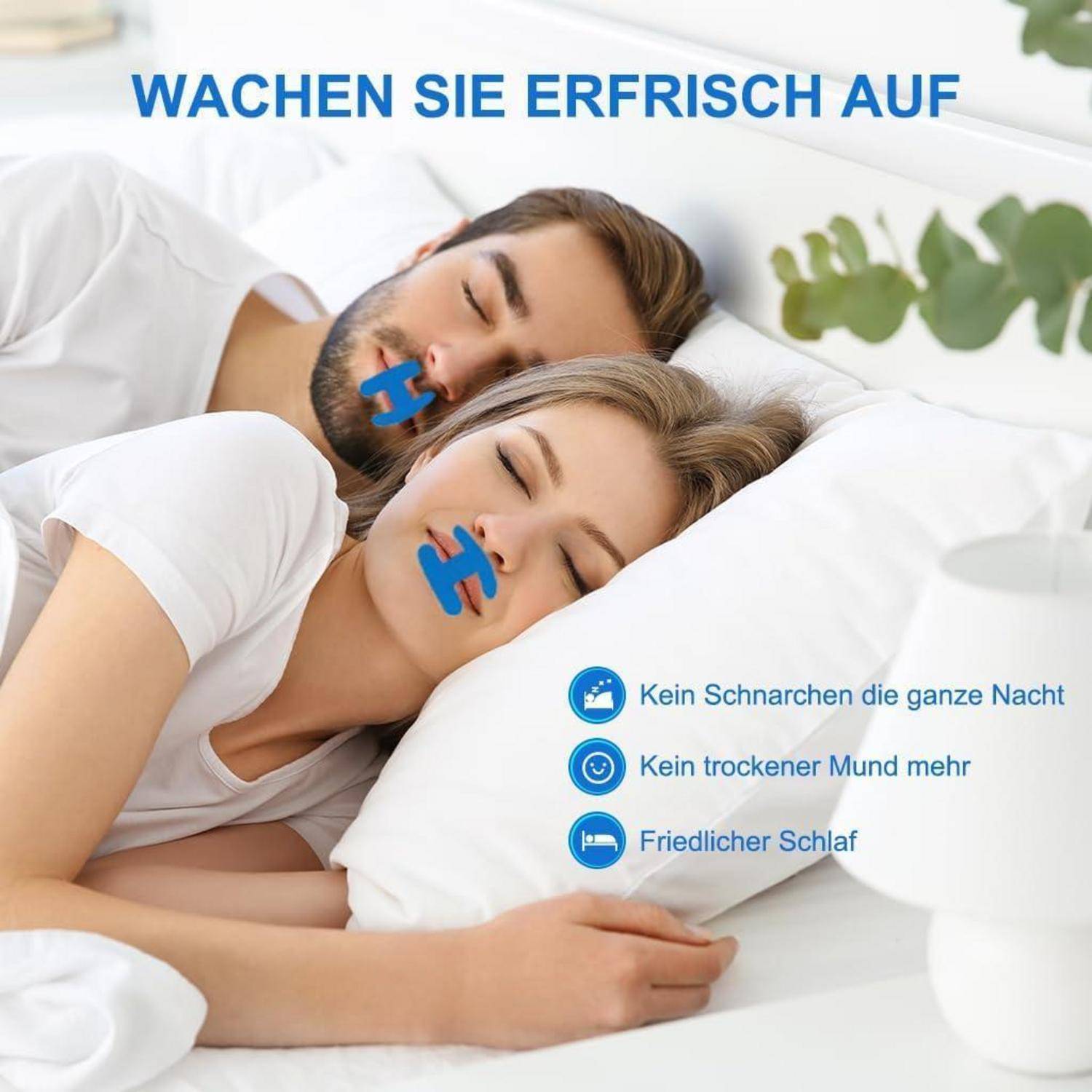 Ein Paar, das friedlich auf weißen Kissen schläft und beide Nasenstreifen trägt. Text auf Deutsch bewirbt Schnarchprävention und verbesserten Schlaf.