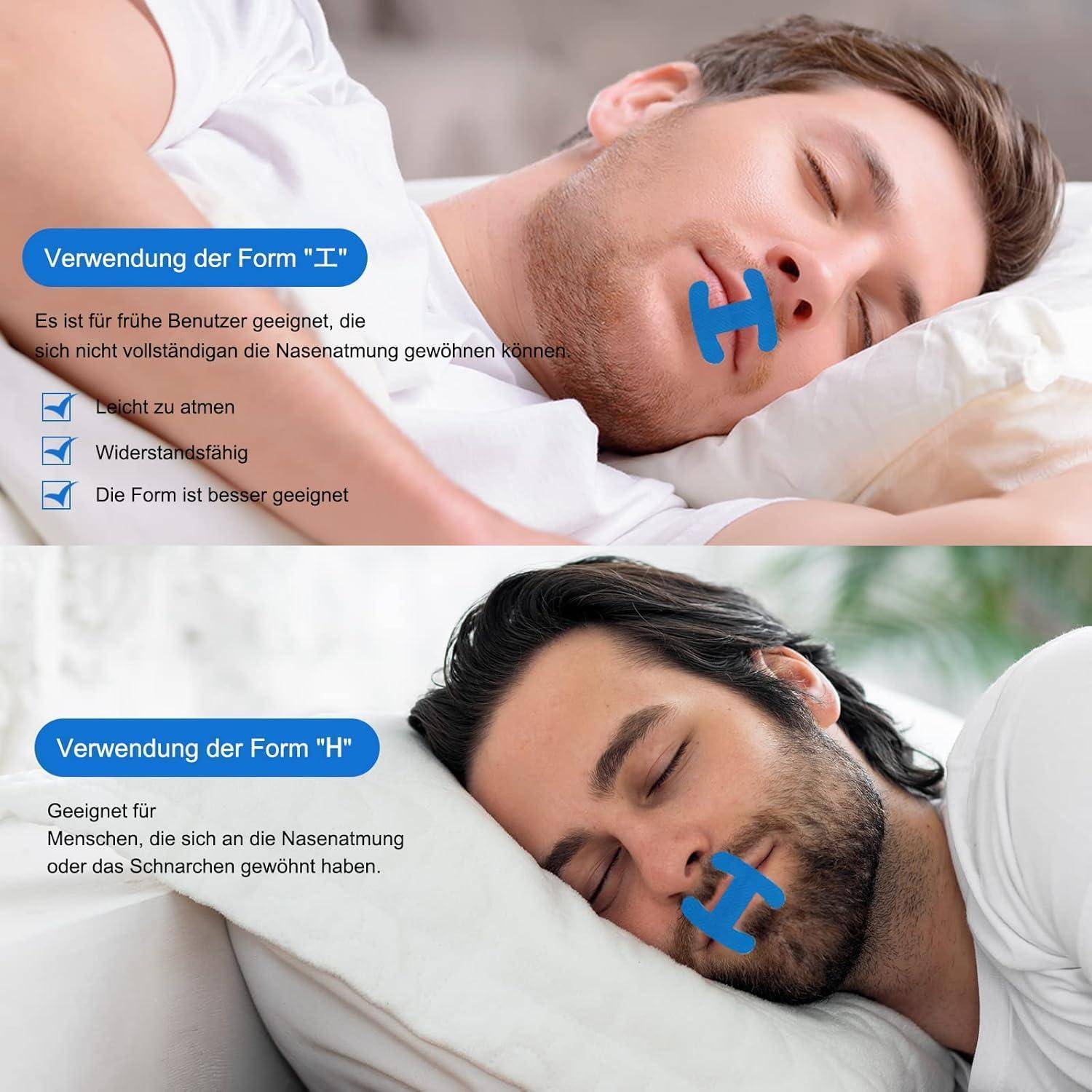 Ein Mann schläft und trägt ein blaues Anti-Schnarch-Gerät mit der Bezeichnung 