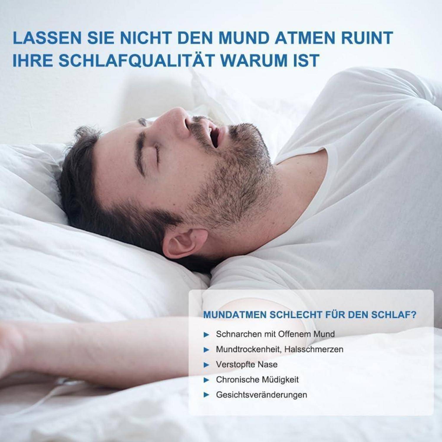 Ein Mann schläft mit offenem Mund auf dem Rücken. Der Text auf Deutsch erörtert, wie Mundatmung die Schlafqualität beeinträchtigt.