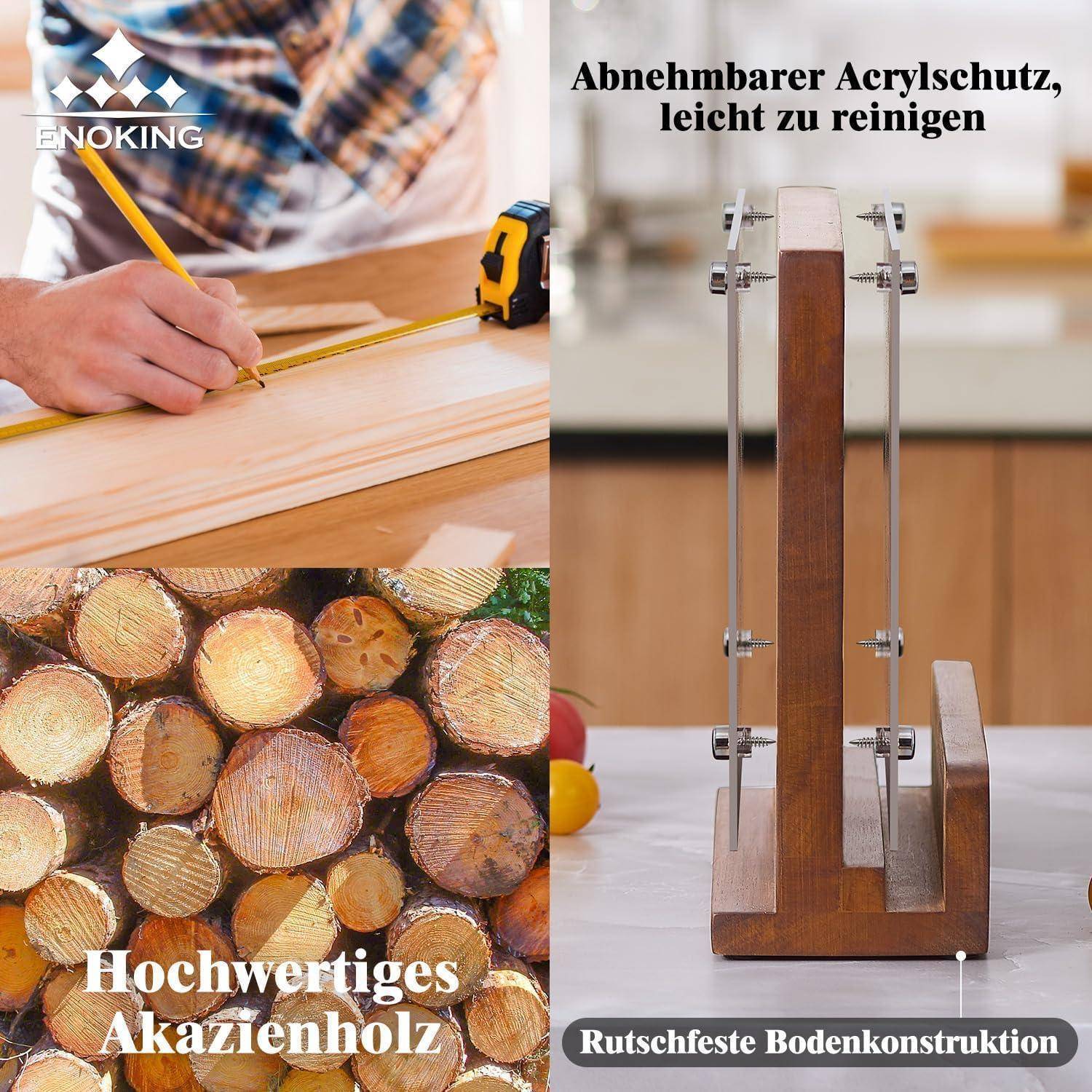 Acrylschutz, leicht zu reinigen. Hochwertige Akazie. Rutschfeste Basiskonstruktion.' Bild zeigt Werkzeuge zum Vermessen von Holz.