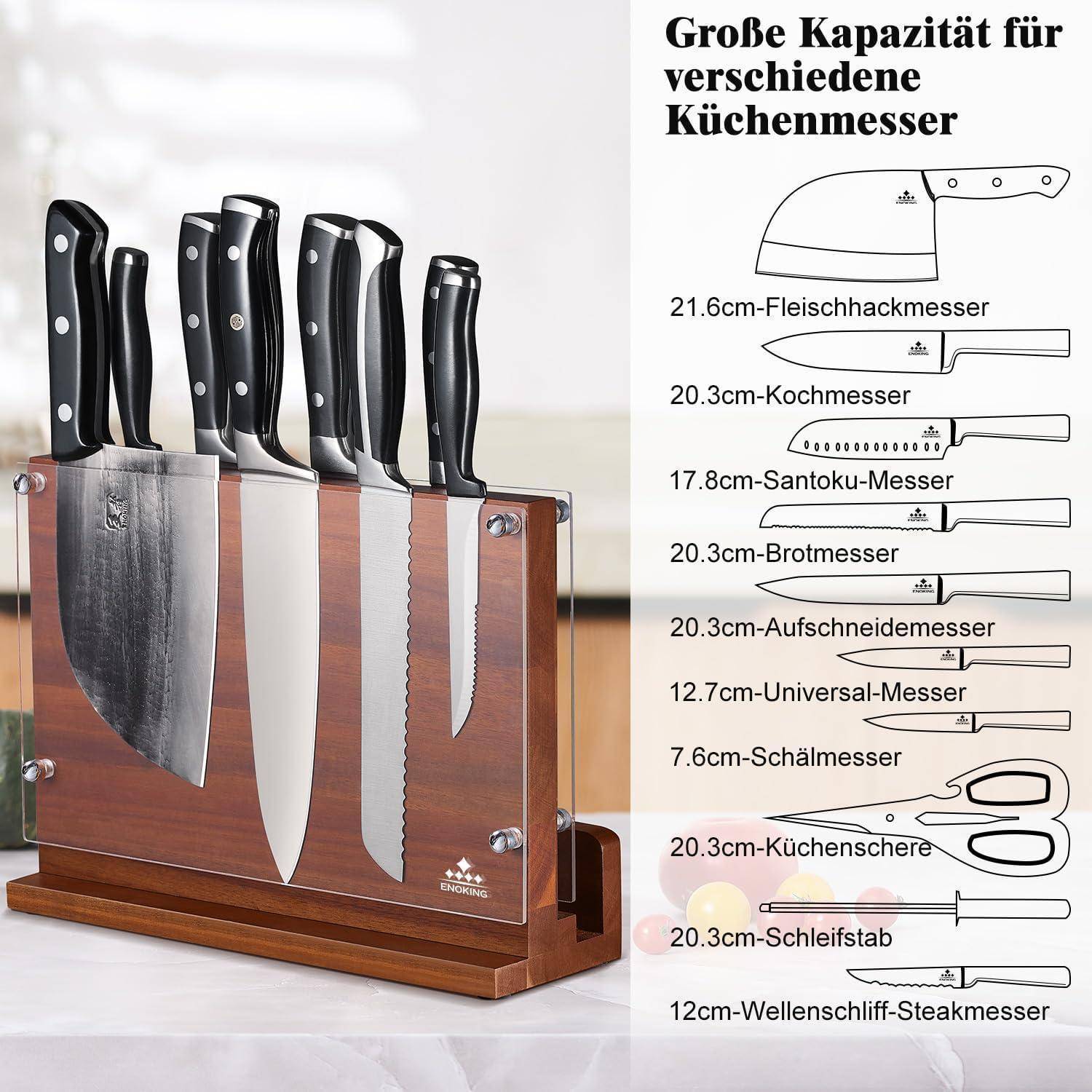 Ein Messerset in einem Holzblock mit Illustrationen und Beschriftungen, die folgende Typen zeigen: Metzgermesser, Kochmesser, Santoku-Messer, Brotmesser, Tranchiermesser, Universalmesser, Schäler, Wetzstahl, Steakmesser.