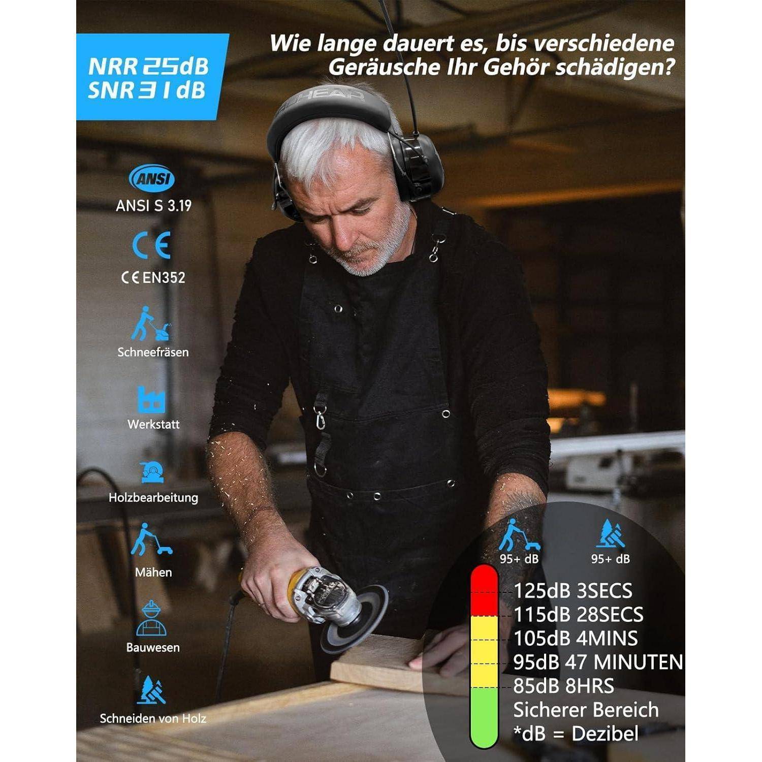 Mann in einer Werkstatt, der ein Werkzeug benutzt und Gehörschutz trägt. Diagramm zeigt sichere Expositionszeiten für verschiedene Dezibel-Werte von 85 dB bis 125 dB.