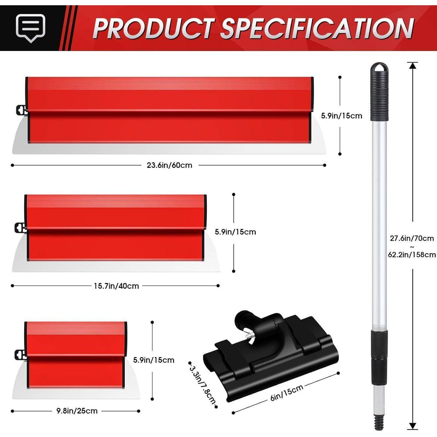 Bild zeigt ein rotes Abzieher-Set mit Abmessungen: 23,6 Zoll/60 cm, 15,7 Zoll/40 cm, 9,8 Zoll/25 cm Klingen. Enthält einen verstellbaren Griff von 62,6 Zoll/159 cm.