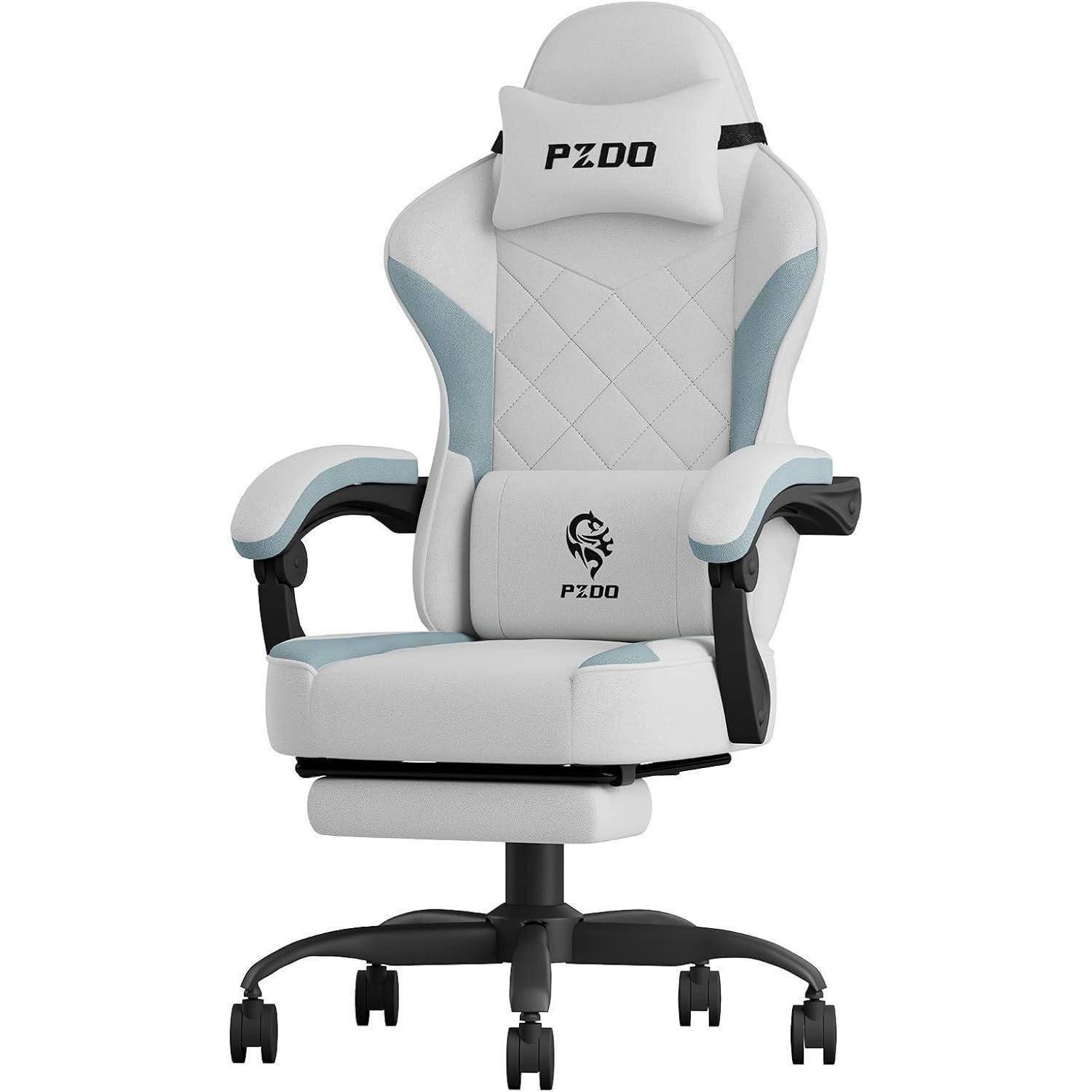 Ein weißer und grauer ergonomischer Gaming-Stuhl mit Armlehnen, einem Kopfkissen mit der Aufschrift 