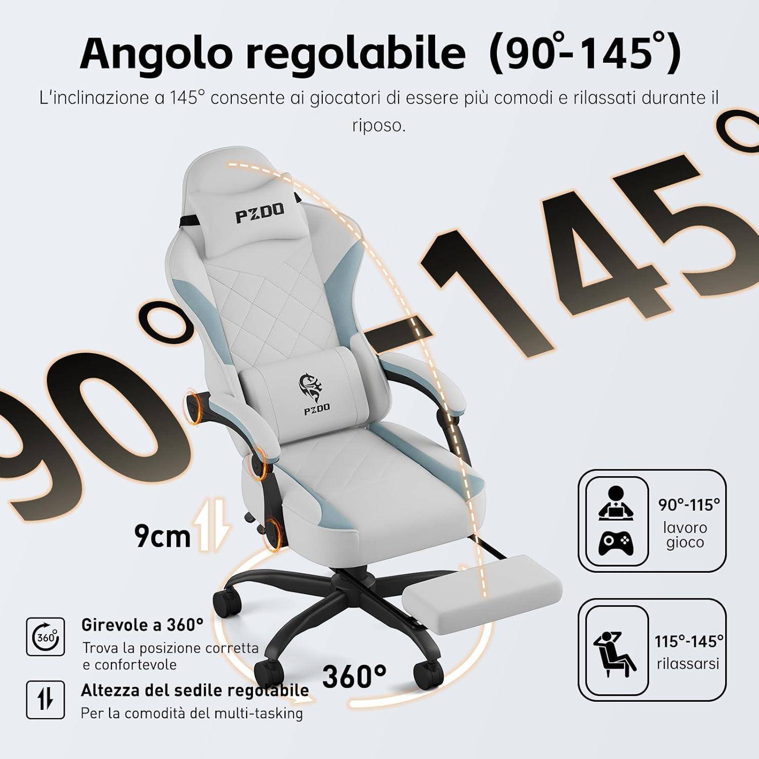 Ein verstellbarer Gaming-Stuhl mit Fußstütze, der seine Neigungswinkel von 90°-145° präsentiert und Funktionen für Komfort während des Spielens oder zur Entspannung bietet.