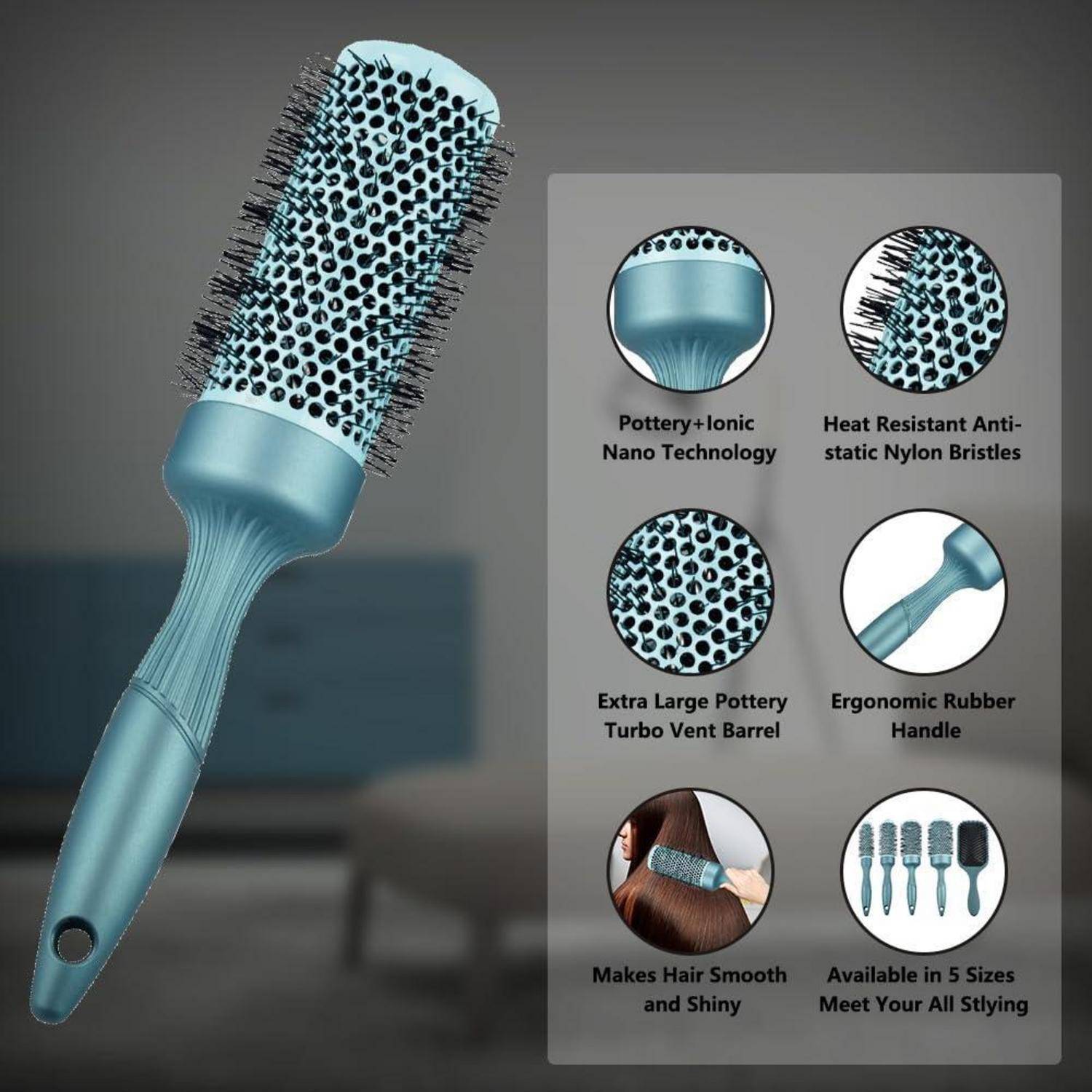 Ein blauer runder Haarburste mit antistatischen Nylonborsten, ergonomischem Gummigriff und Keramik-Ionentechnologie für glatte, glänzende Haare.