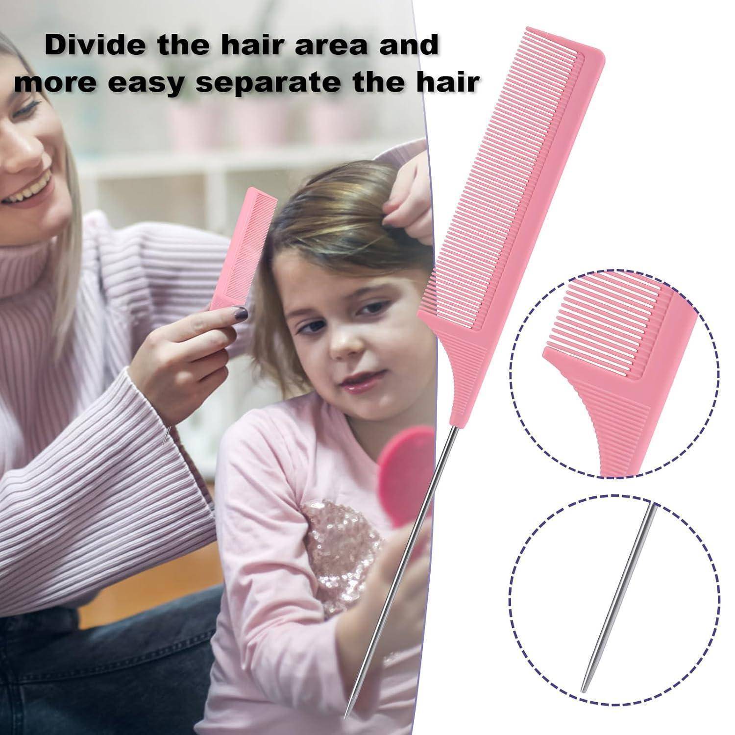 Eine Frau kämpft mit einem pinken Kamm durch die Haare eines jungen Mädchens. Der Text lautet: „Teilen Sie den Haarbereich und trennen Sie die Haare noch einfacher.