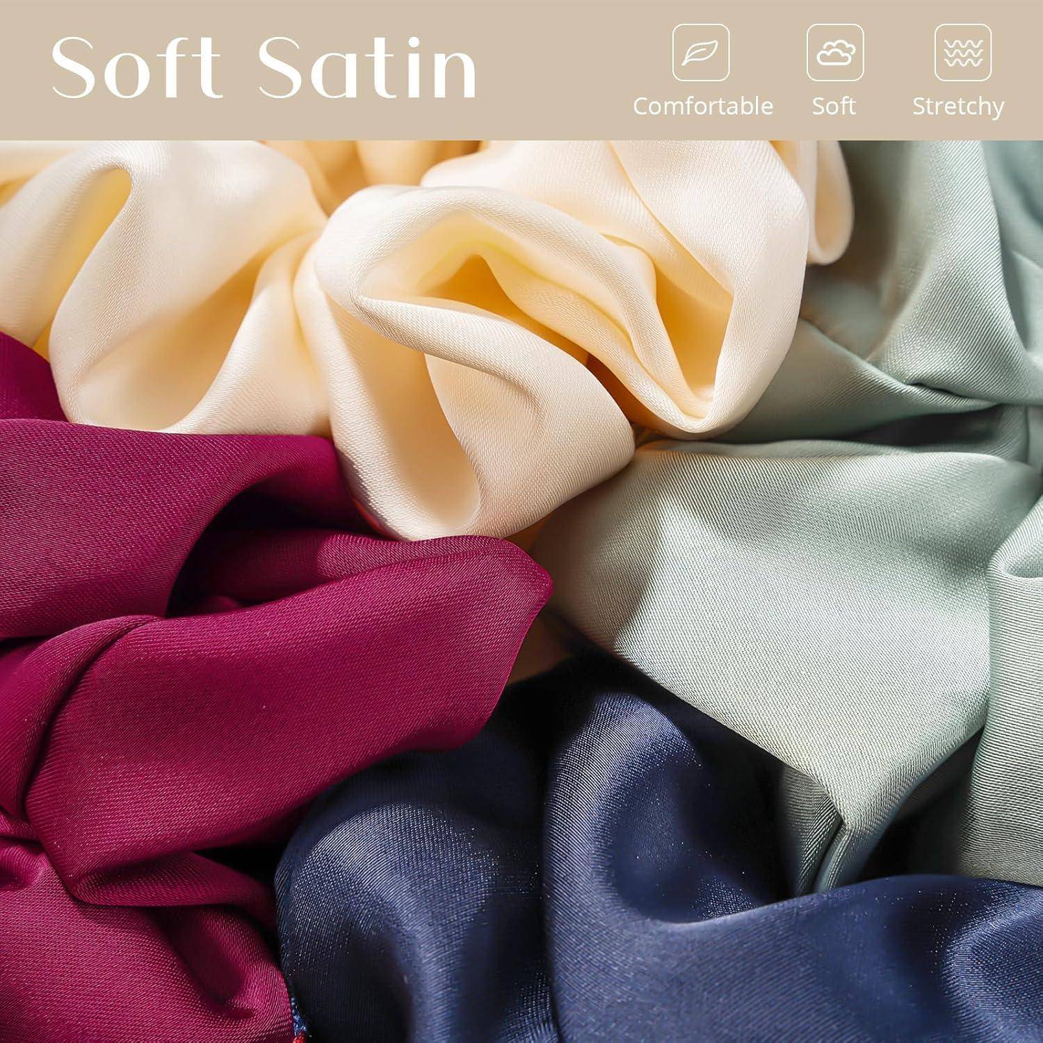 Stoff ‚Soft Satin' in den Farben Beige, Grün, Weinrot und Blau; beschrieben als bequem, weich und dehnbar.