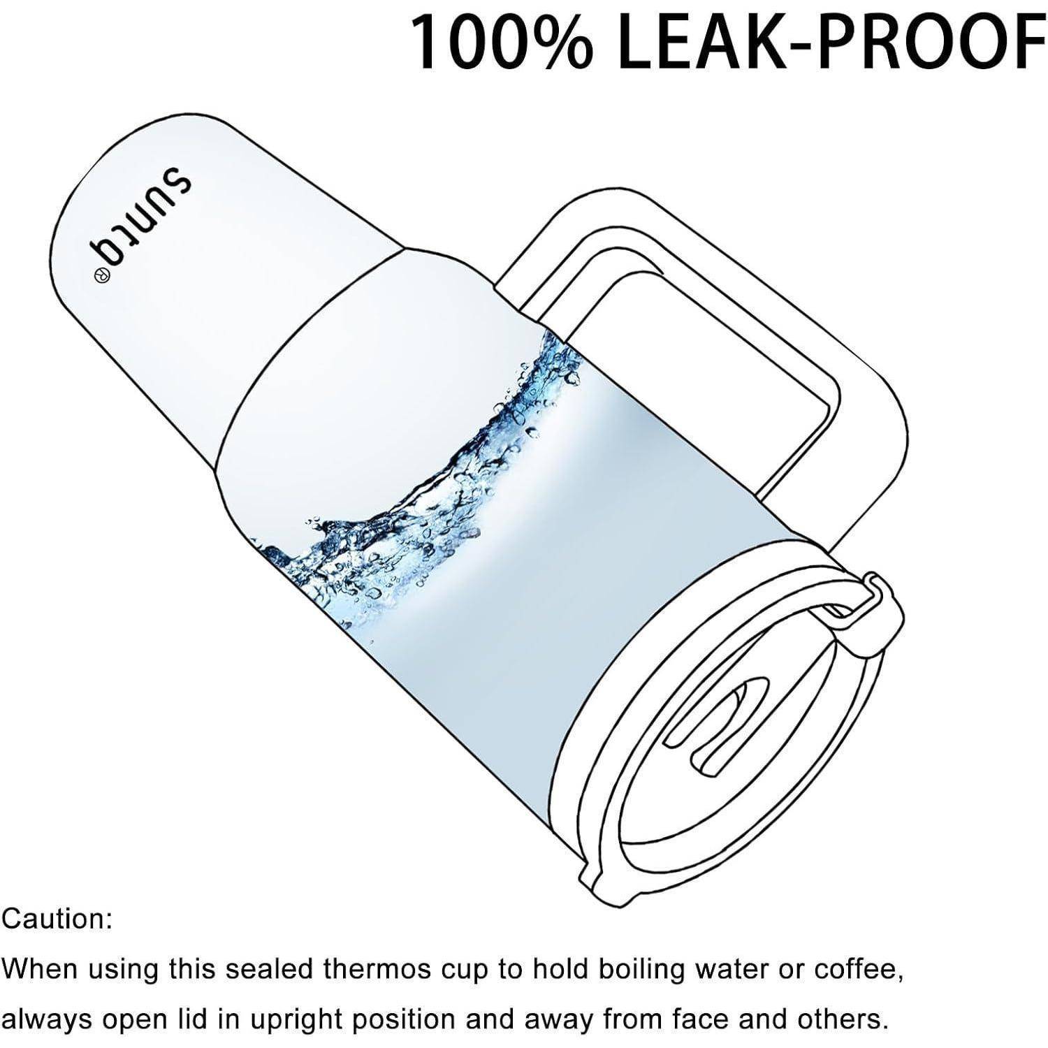 Thermosbecher gekippt mit Spritzeffekt und Text '100% Auslaufsicher'. Vorsicht: Deckel aufrecht, vom Gesicht weg öffnen, bei heißen Flüssigkeiten.