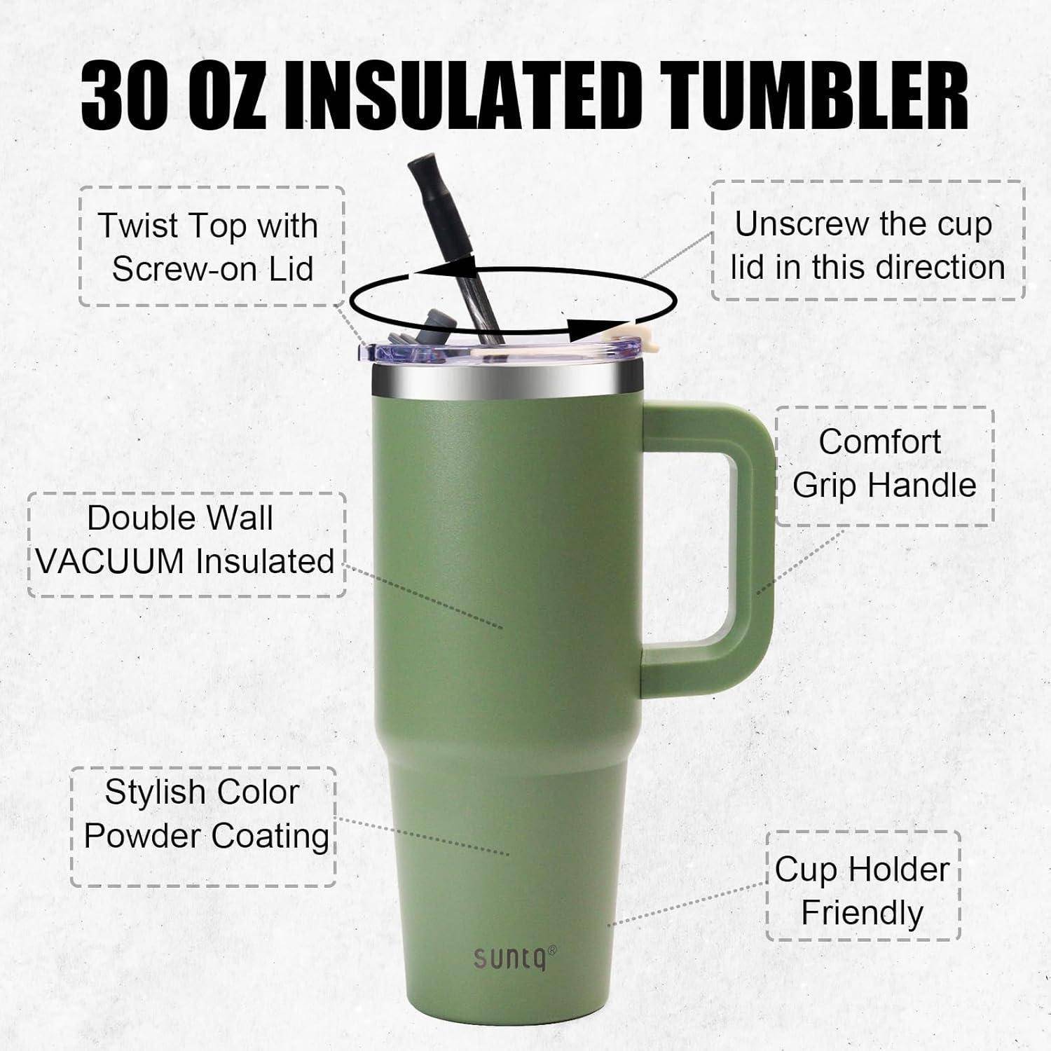 Grüner 30 oz isolierter Becher mit Twist-Deckel, doppelwandiger Isolierung, bequemem Griffdesign und becherhalterfreundlicher Konstruktion.