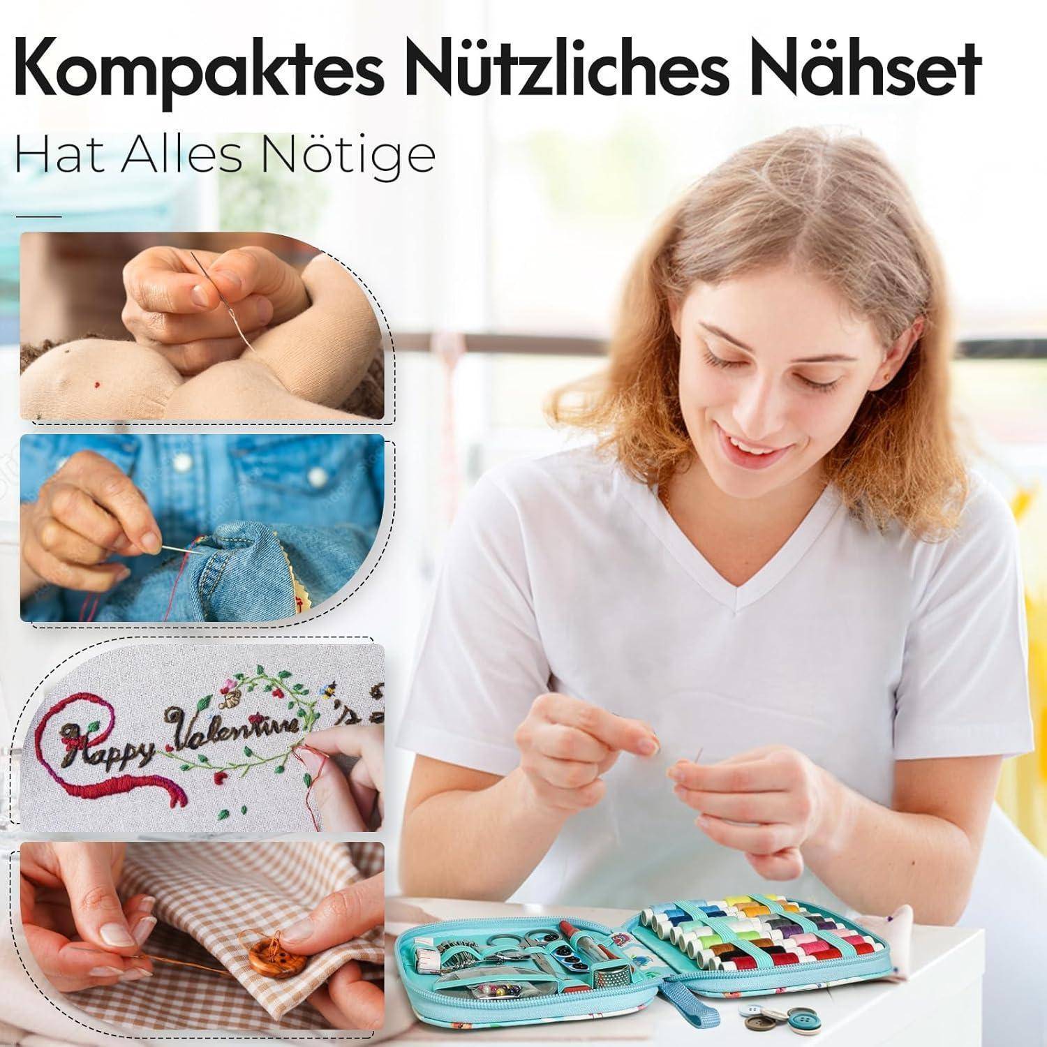 Eine Frau, die mit einer kompakten Nähausrüstung an einem Tisch näht. Das Bild umfasst Nahaufnahmen vom Nähen, einem Valentinsherz und einer Garnspule.
