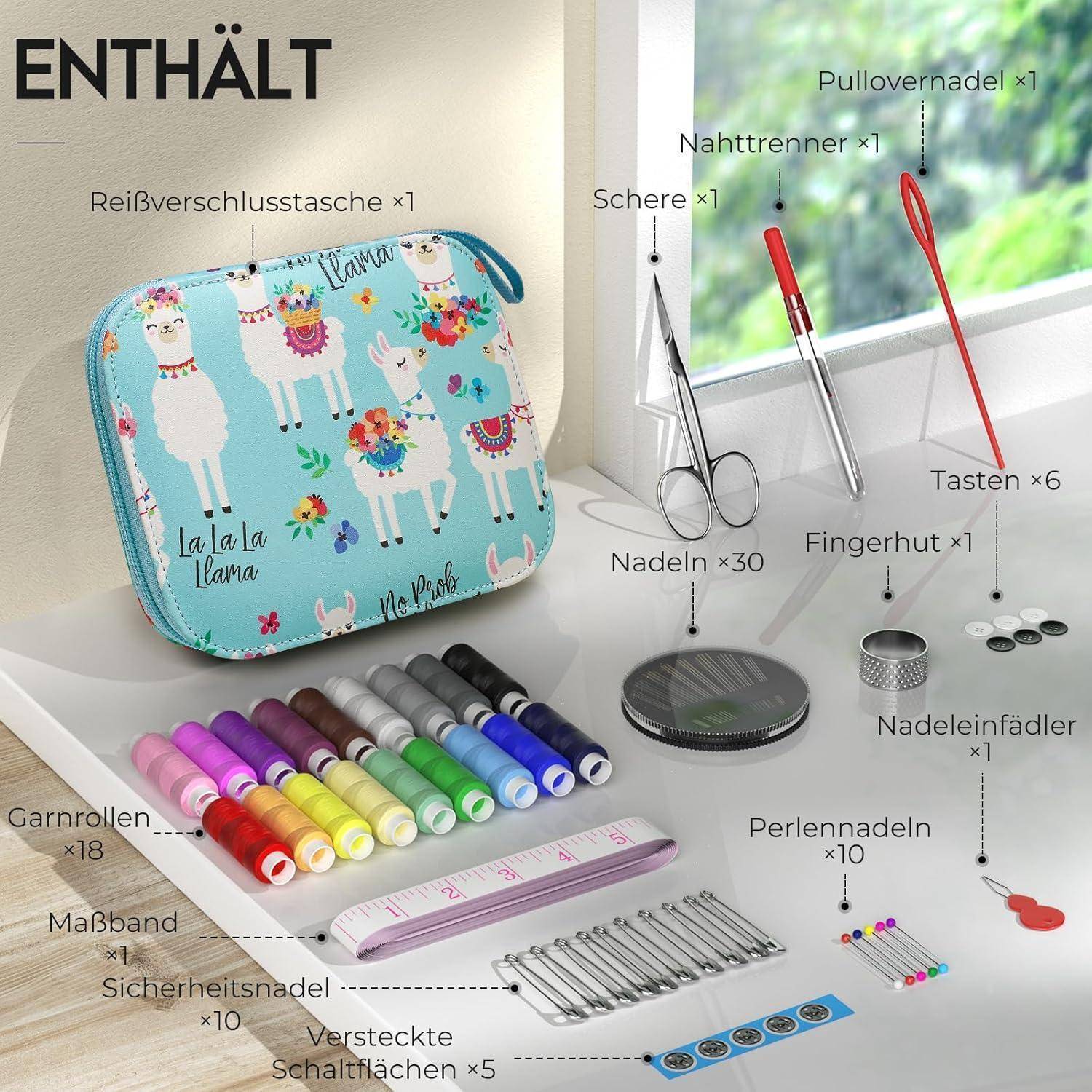 Nähset-Inhalt: Reißverschlusstasche mit Lama-Design, Schere, Nadeln, Garne, Fadeneinführer, Nahttrenner, Fingerhut, Maßband.