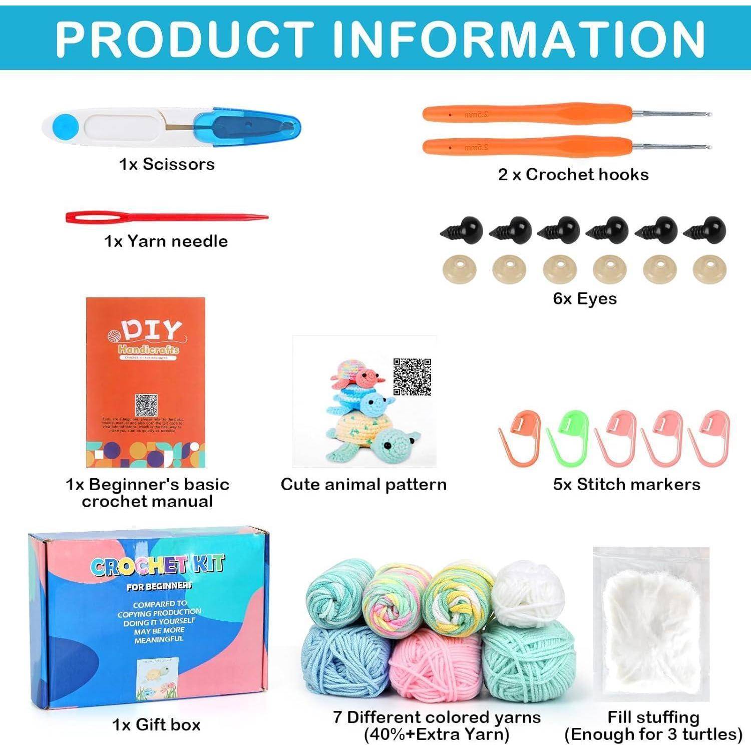 Produktinformation': Enthält Schere, Häkelnadeln, Wollnadel, Häkelanleitung, Augen, Maschenmarkierer, Geschenkbox, Garn, Füllung, Anleitung.