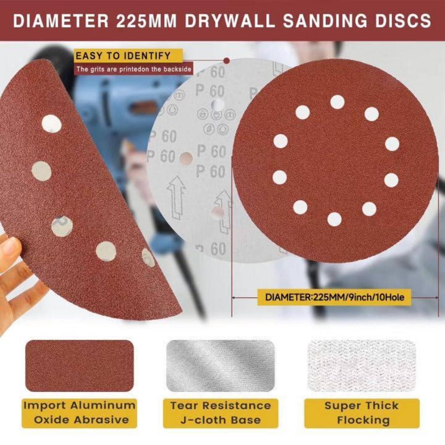 Leicht zu identifizieren', 'Durchmesser 225 mm Trockenbau-Schleifscheiben', Eigenschaften: importiertes Aluminiumoxid-Schleifmittel, Weiterreißfestigkeit, extra dicke Vliesauflage.