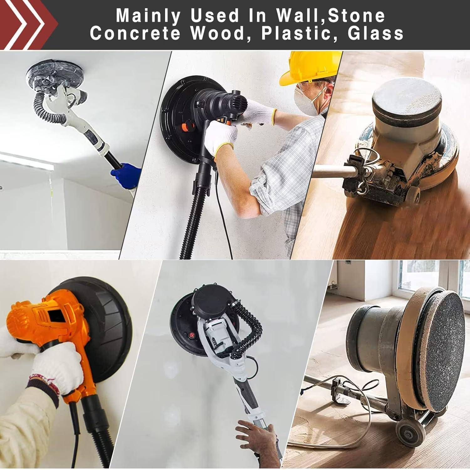 Primär verwendet an Wand, Stein, Beton, Holz, Kunststoff, Glas.' Sechs Bilder zeigen verschiedene Werkzeuge und Techniken zum Oberflächen-Schleifen.