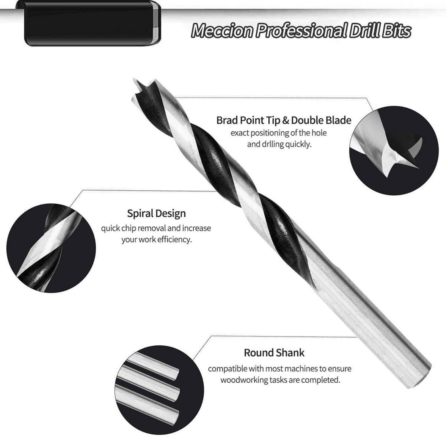 Bohrer mit 'Meccion Professional Drill Bits' Aufschrift. Merkmale umfassen eine Zentrierspitze für Präzision, eine Spiralgestaltung zur Späneentfernung und einen runden Schaftdurchmesser für Kompatibilität.
