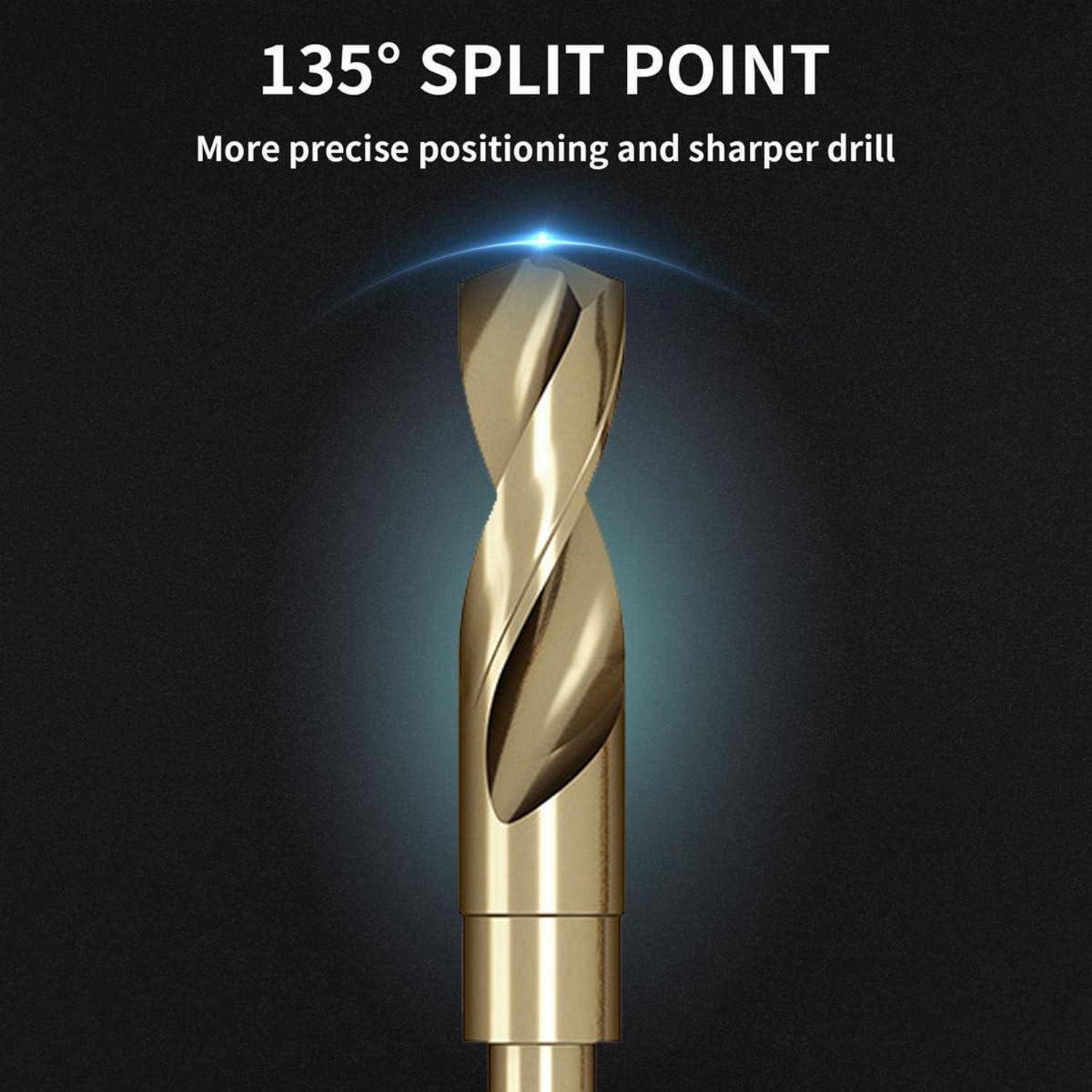 Ein Bohrbit mit einem '135° Split Point' Design wird gezeigt. Es verspricht eine „präzisere Positionierung und schärferes Bohren