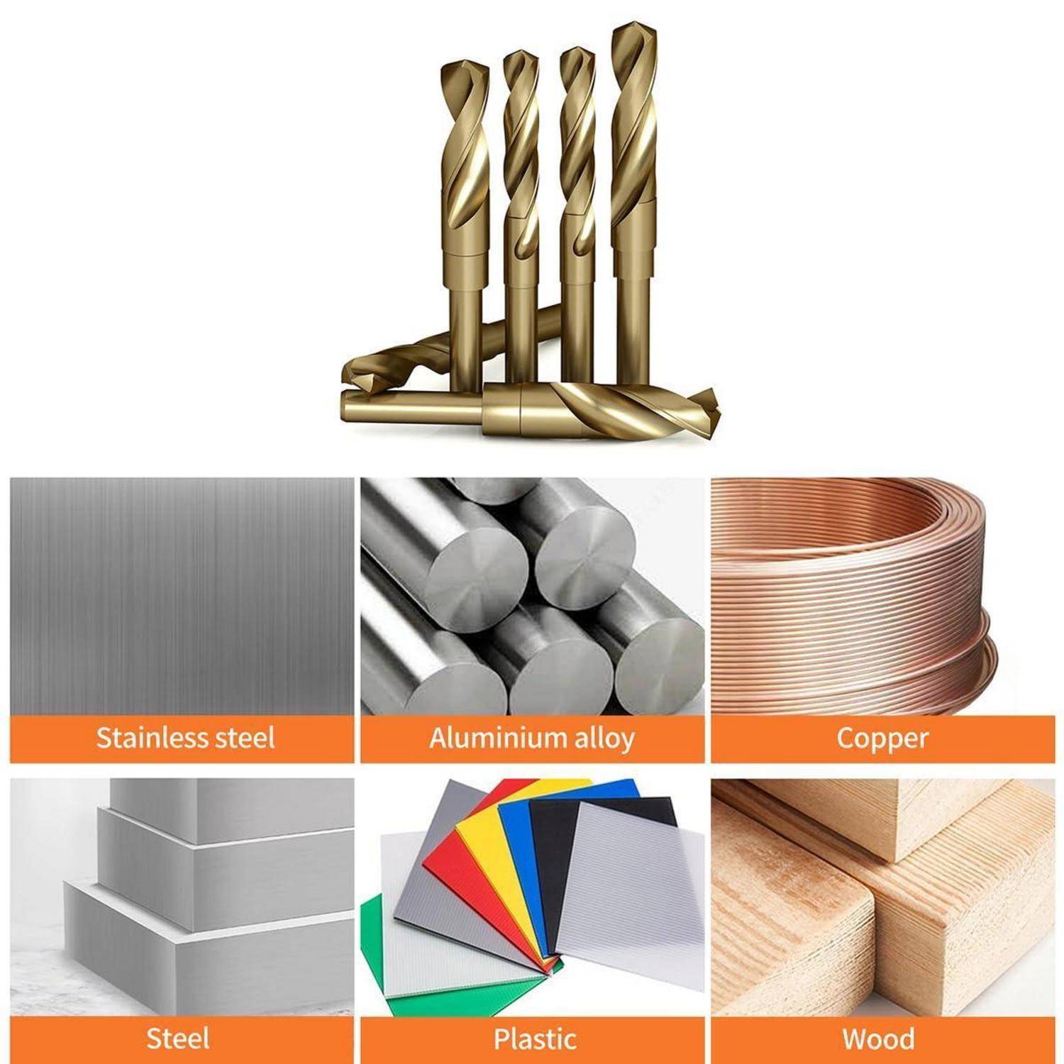 Satz Bohrbits, geeignet für Materialien wie Edelstahl, Aluminium, Kupfer, Stahl, Kunststoff und Holz, zusammen mit Materialproben dargestellt.