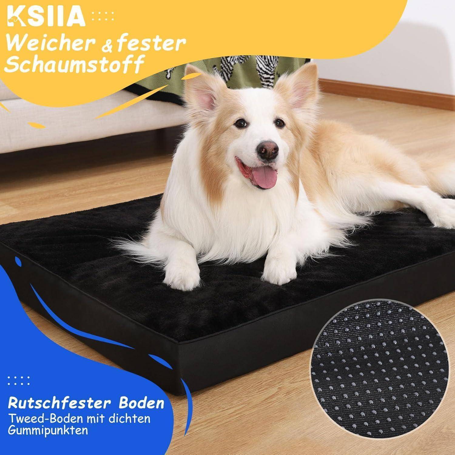 Ein fröhlicher Hund liegt auf einer schwarzen Schaumstoffmatte. Der Text auf Deutsch hebt das weiche, langlebige Schaumstoff und den rutschfesten, mit Gummi beschichteten Untergrund hervor.