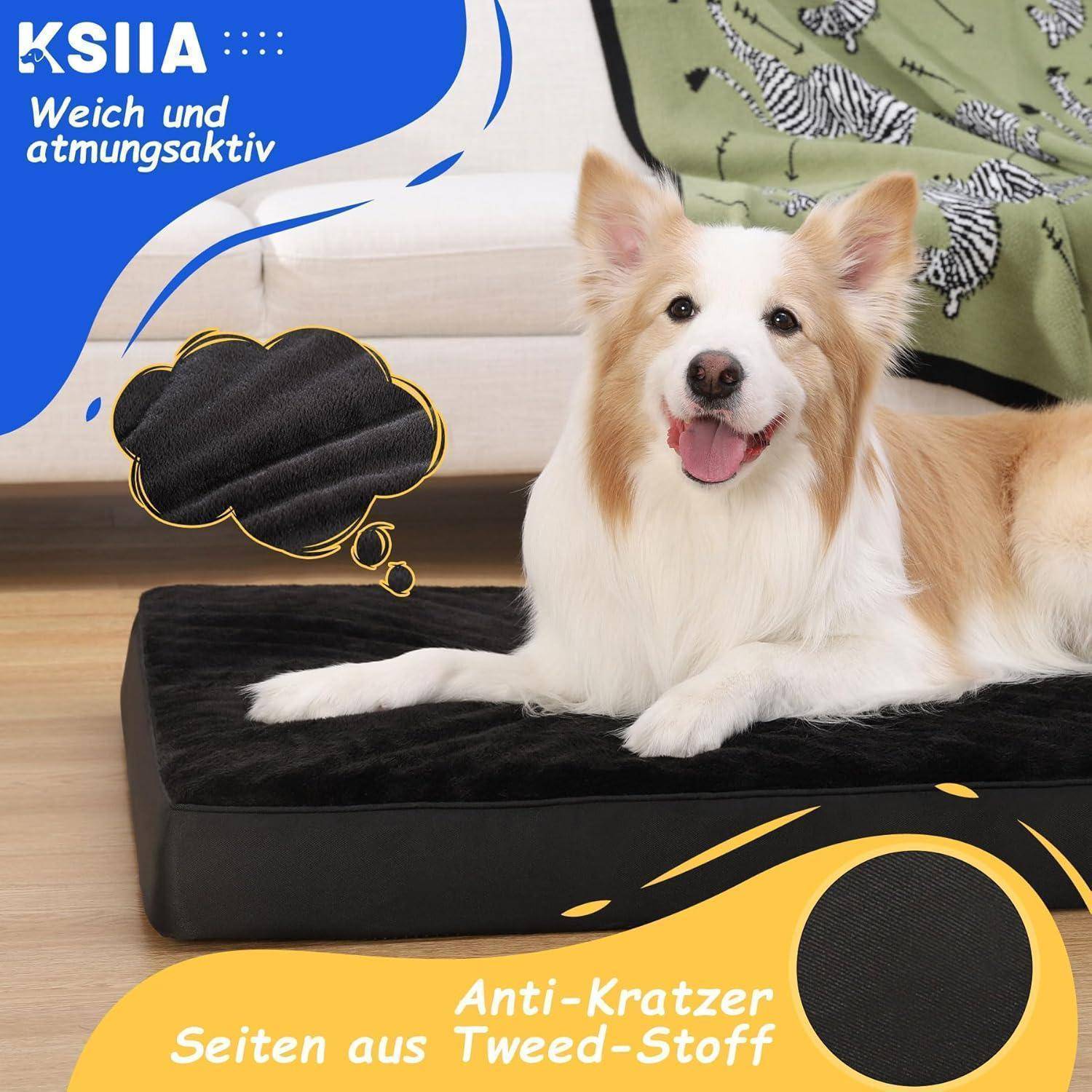 Ein fröhlicher Hund, der auf einem schwarzen Haustierkörbchen liegt, das als weich und atmungsaktiv beworben wird, mit Text, der die kratzfesten Seiten hervorhebt.