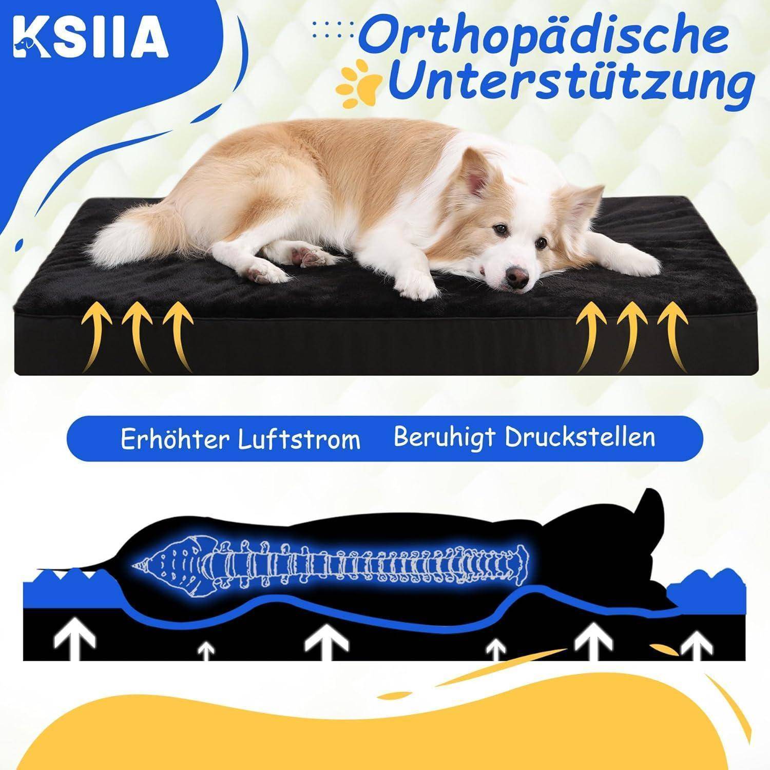 Ein Hund liegt auf einem schwarzen orthopädischen Bett. Pfeile zeigen die Luftströmung und Druckentlastung. Der Text hebt die 