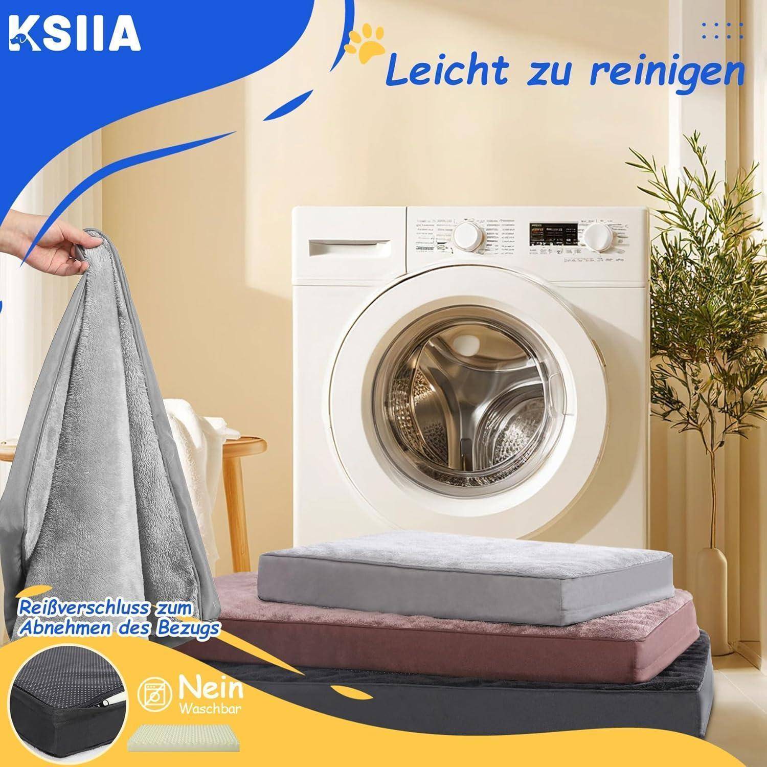 Eine Person legt einen grauen Kissenbezug auf eine Waschmaschine. Der Text lautet: 'Leicht zu reinigen' und 'Reißverschluss zum Abnehmen des Bezugs'.