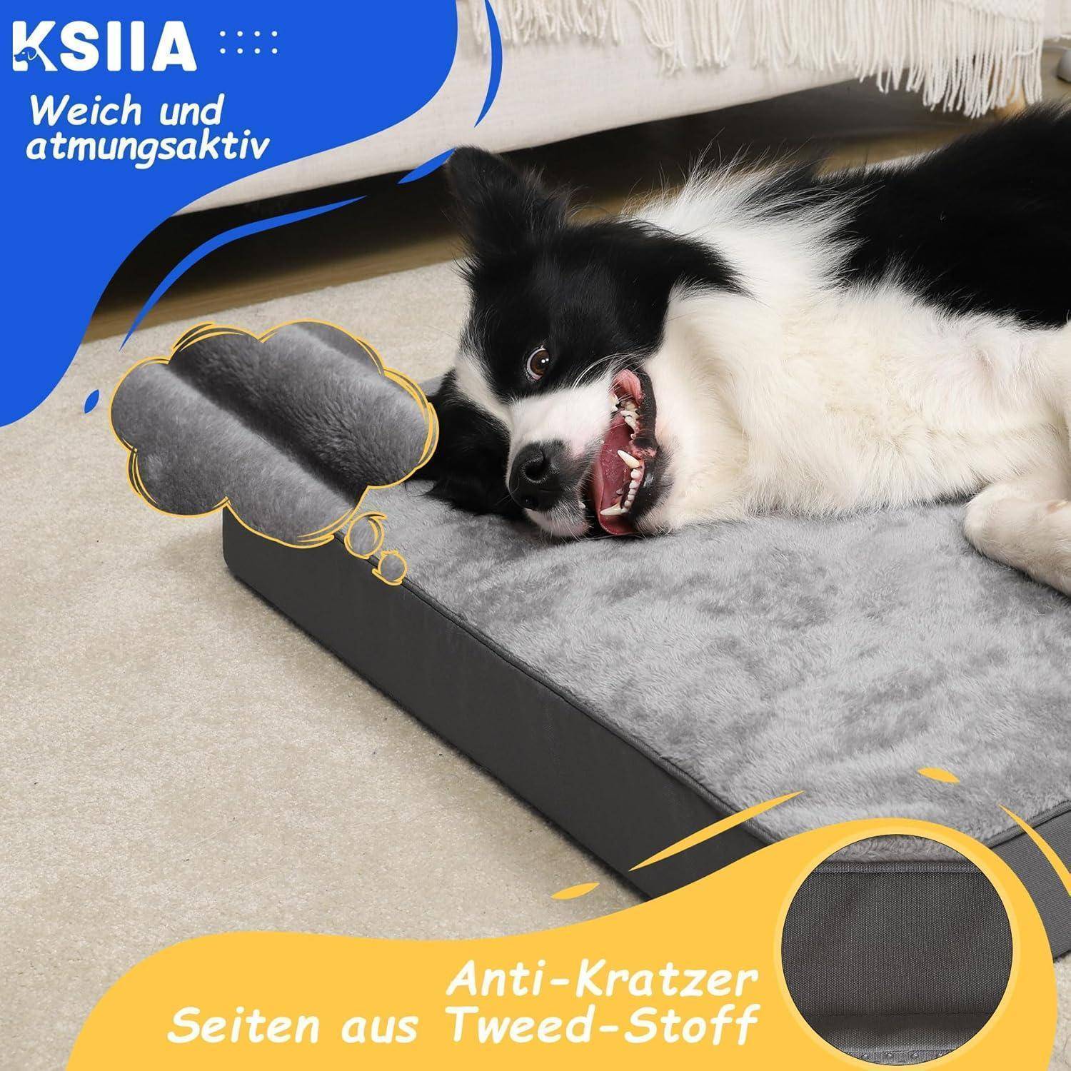 Ein Hund liegt auf einem grauen Haustierbett, entspannt und verspielt aussehend. Das Bild betont die Weichheit des Bettes und den atmungsaktiven Stoff, wobei die kratzfeste Materialeigenschaft im Text hervorgehoben wird.
