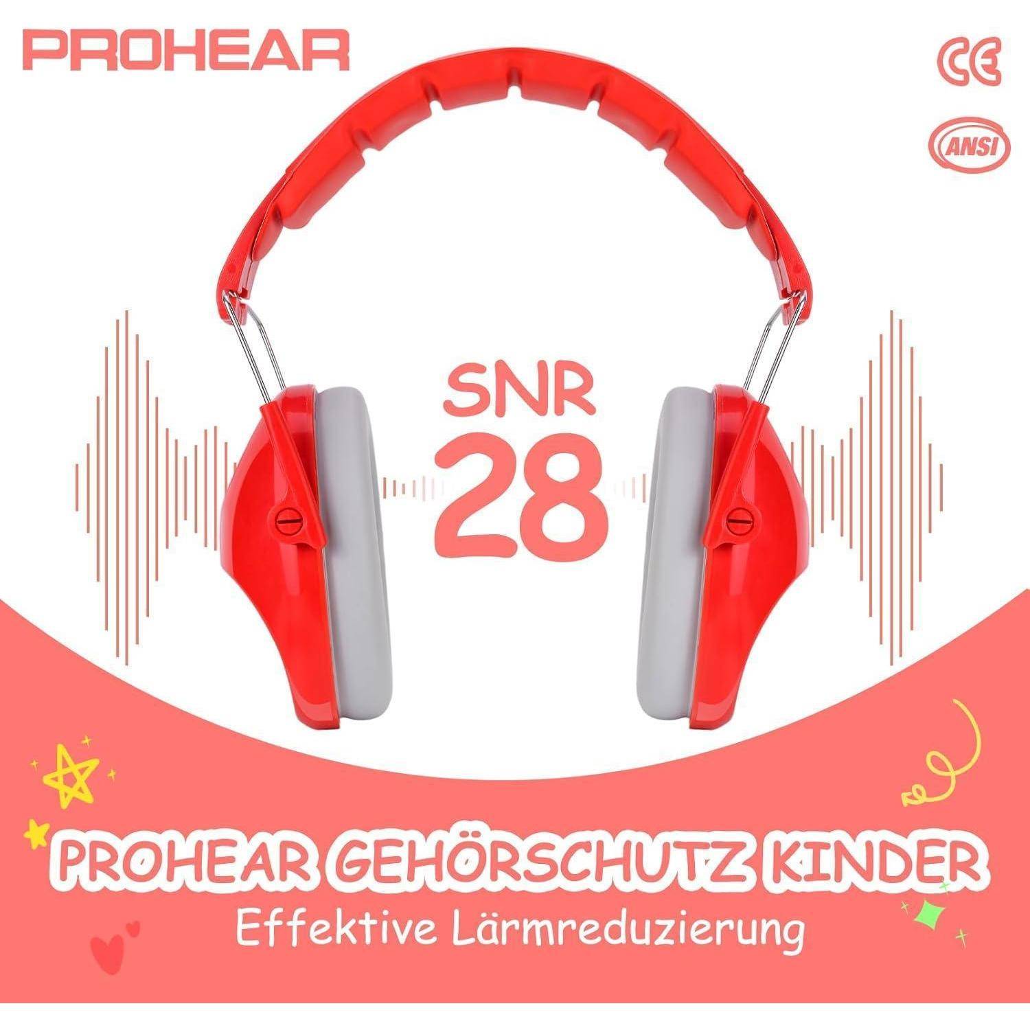 Rote Kinderkopfhörer 'PROHEAR Gehörschutz Kinder' mit SNR 28-Bewertung, die eine effektive Lärmreduzierung fördern. Enthält CE- und ANSI-Logos.